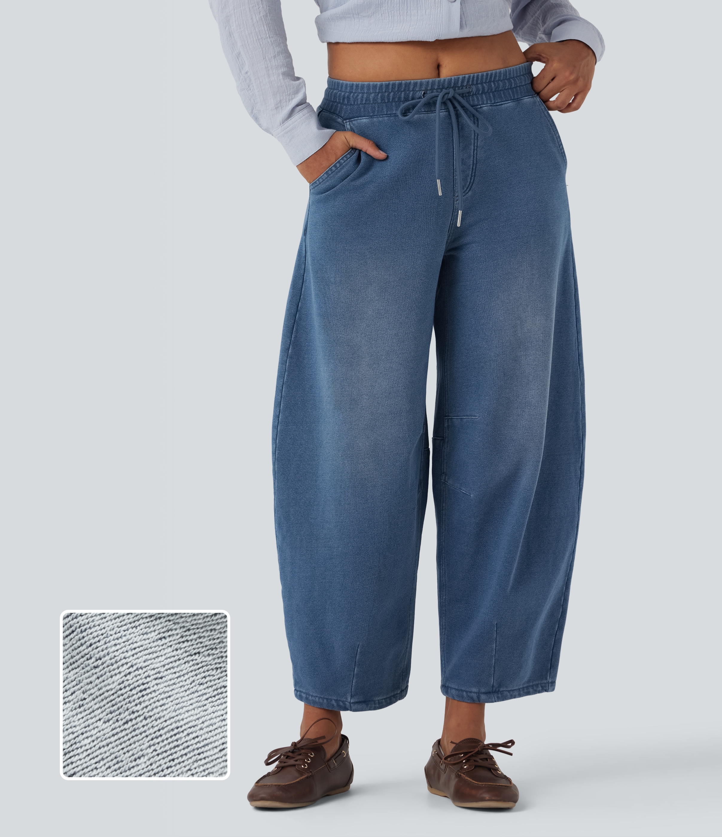 Halara Flex™ Mid Rise Drawstring Barrel Leg Casual French Terry Baggy Jogger Jeans with Pockets