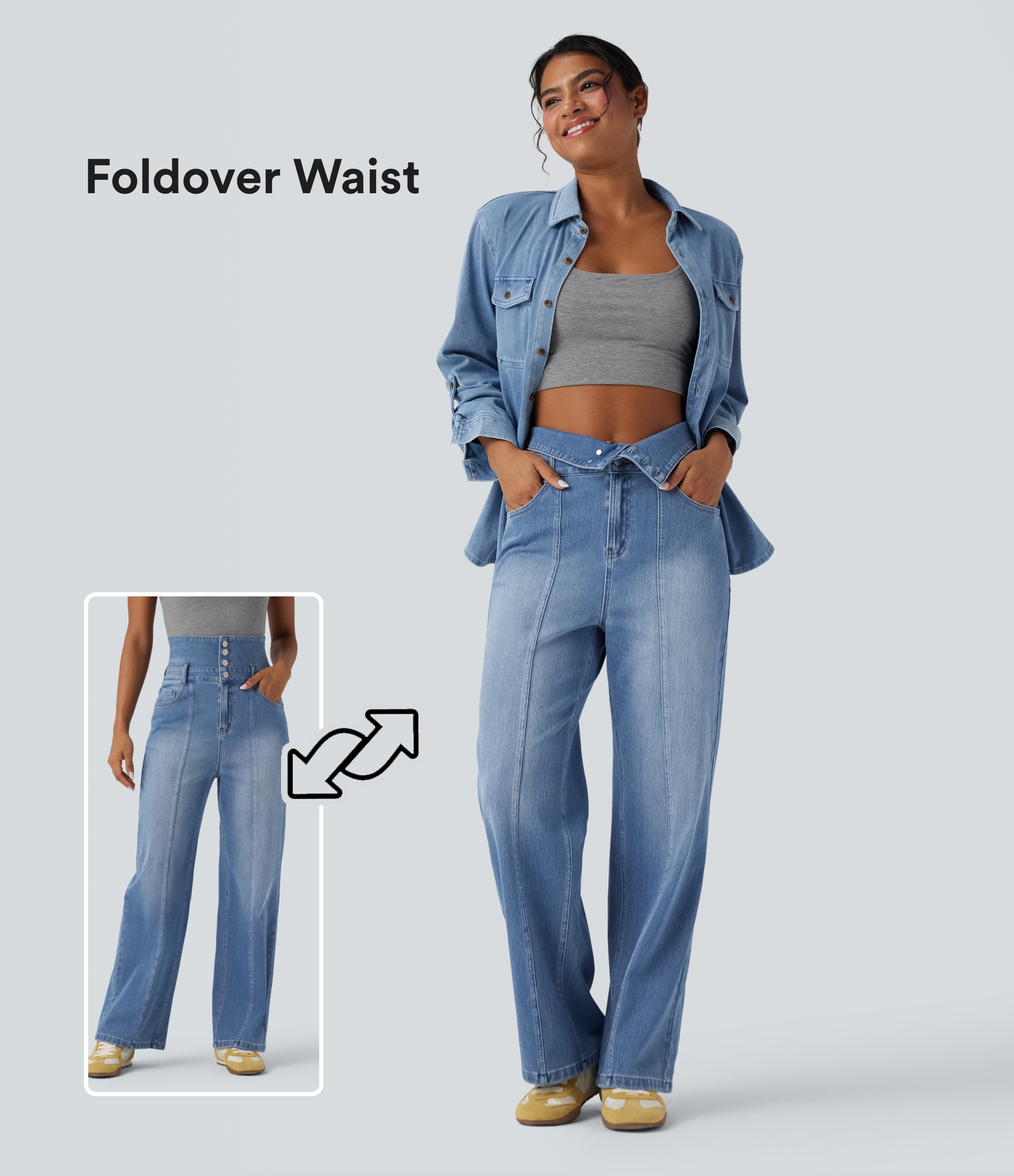 Tide Blue Denim Halara Flex™ Foldover High Waisted Straight Leg Casual Jeans with Pockets / 1