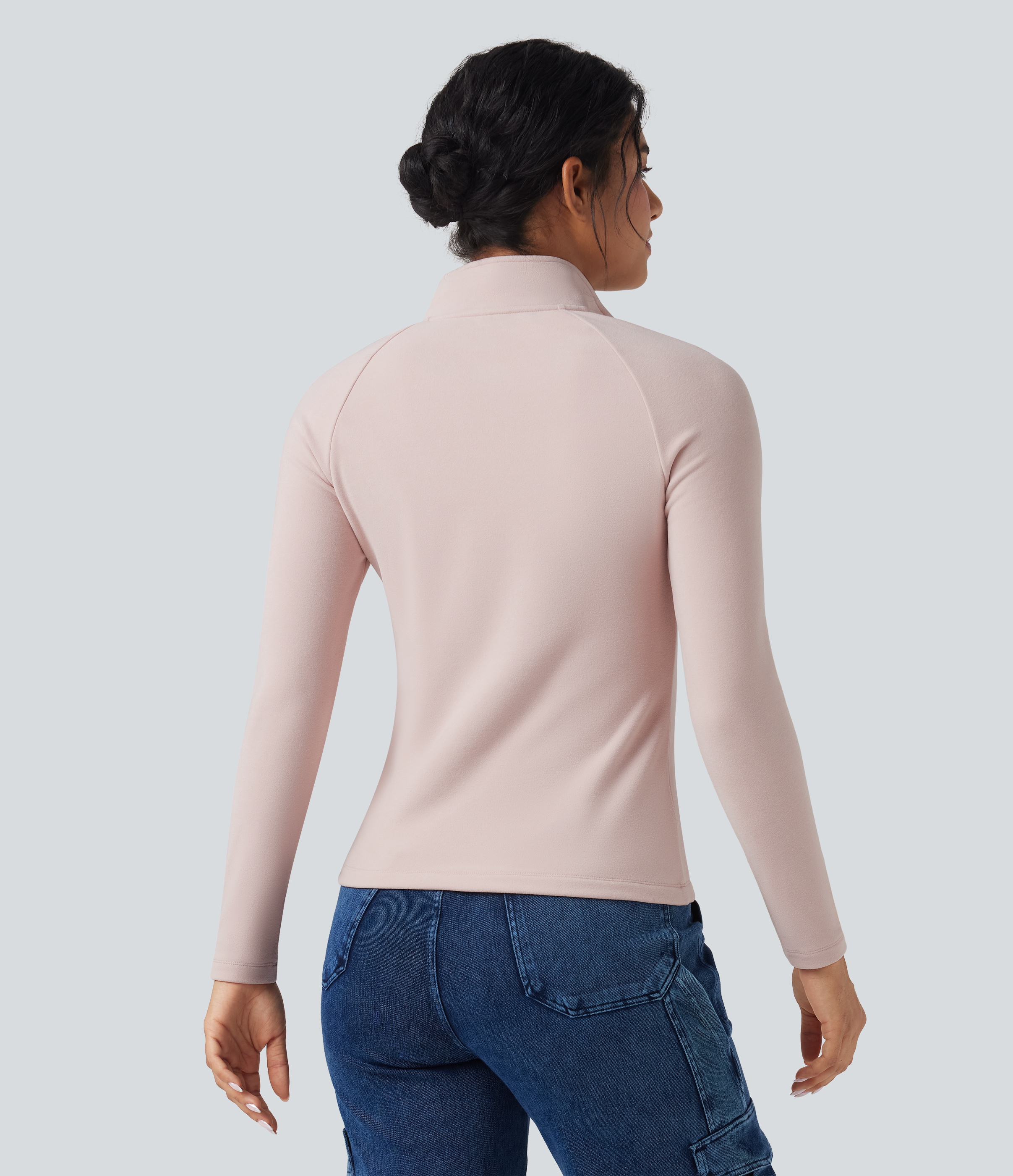 Tea Pink Top casual de polar de manga larga con media cremallera / 2