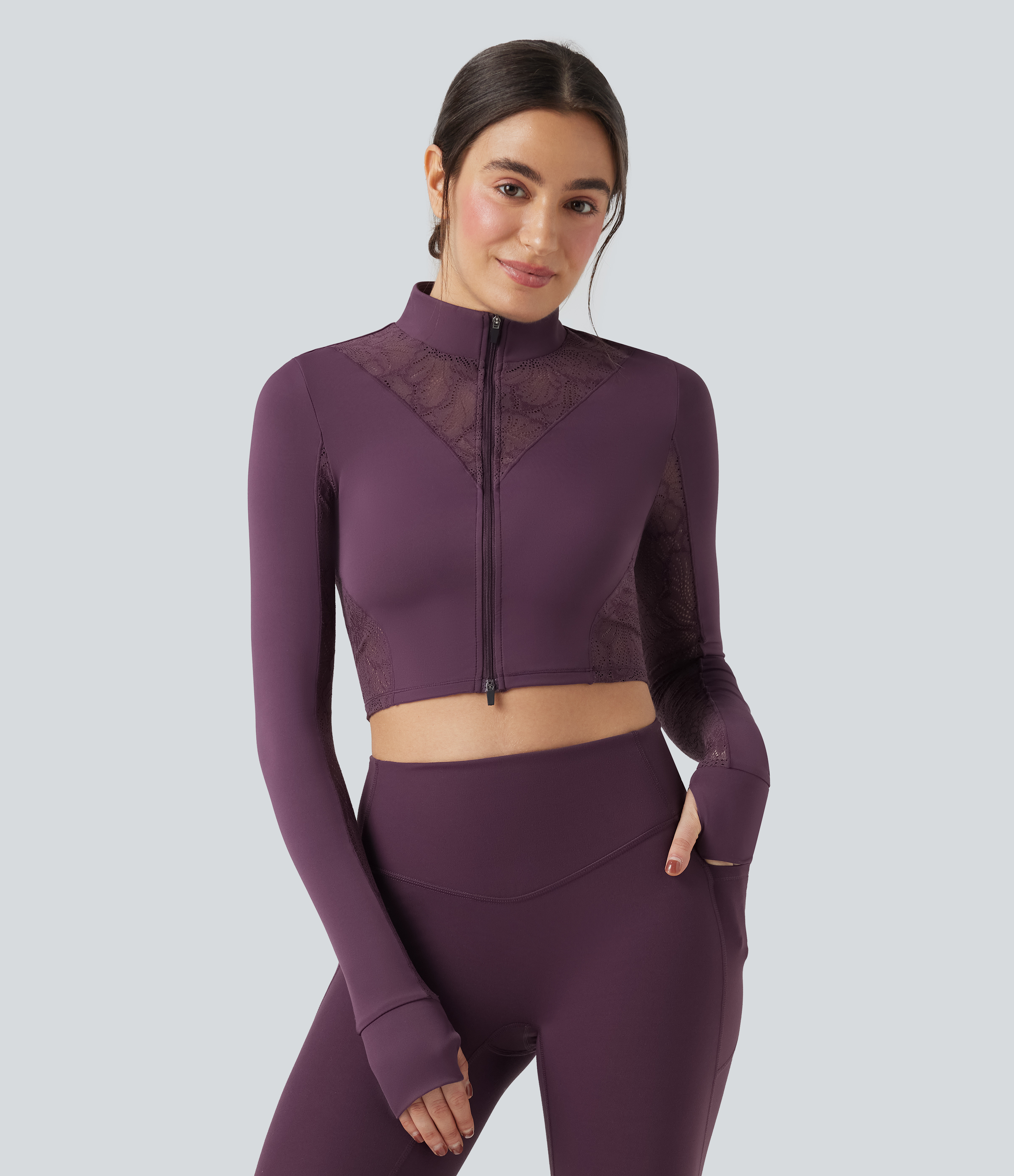 SoftlyZero™ Thumb Holes Contrast Lace Double Zipper Yoga Jacket-UPF50+