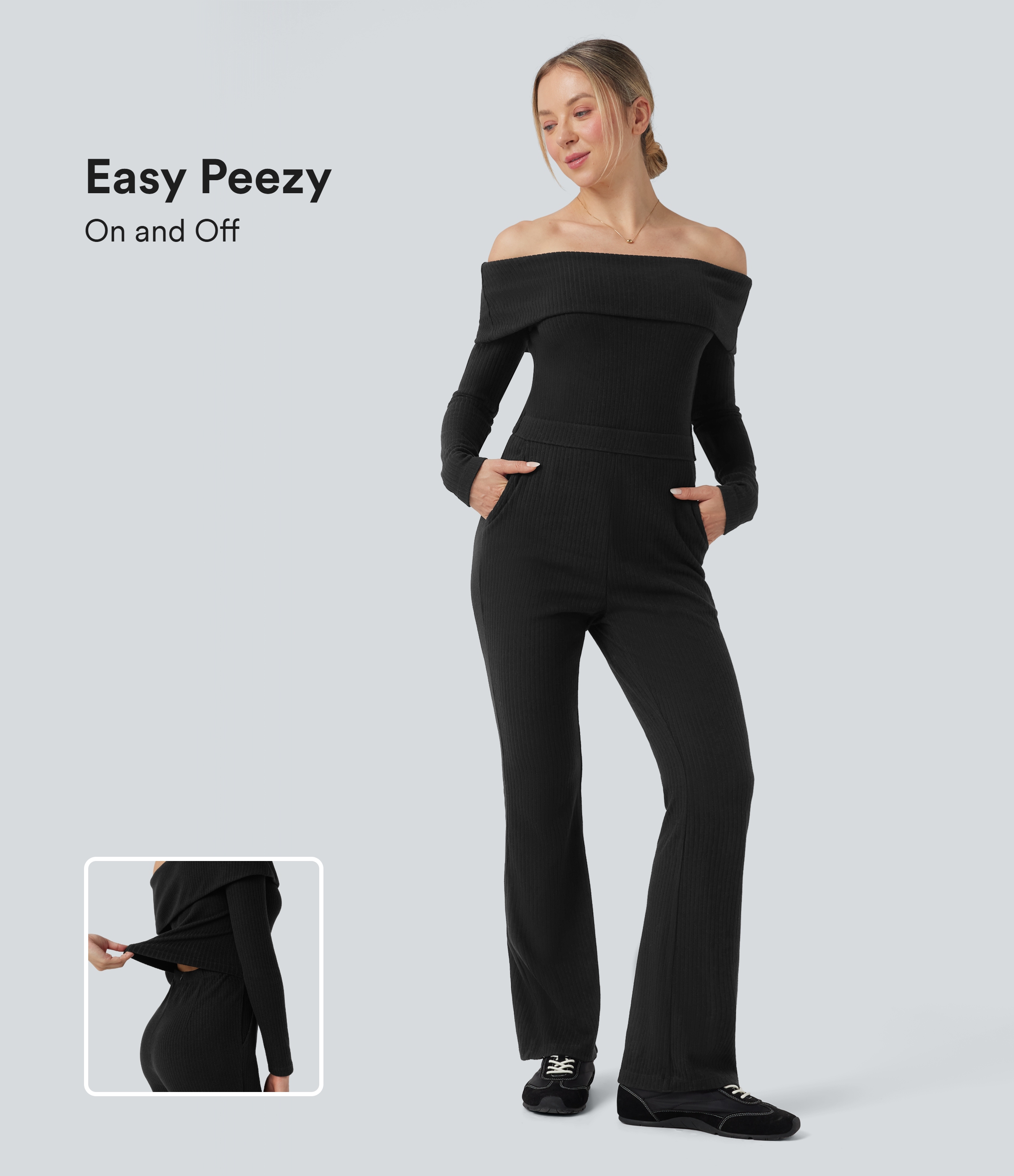 Ribbed Knit Foldover Off Shoulder Long Sleeve Bootcut Casual Work Jumpsuit with Pockets-Easy Peezy Edition