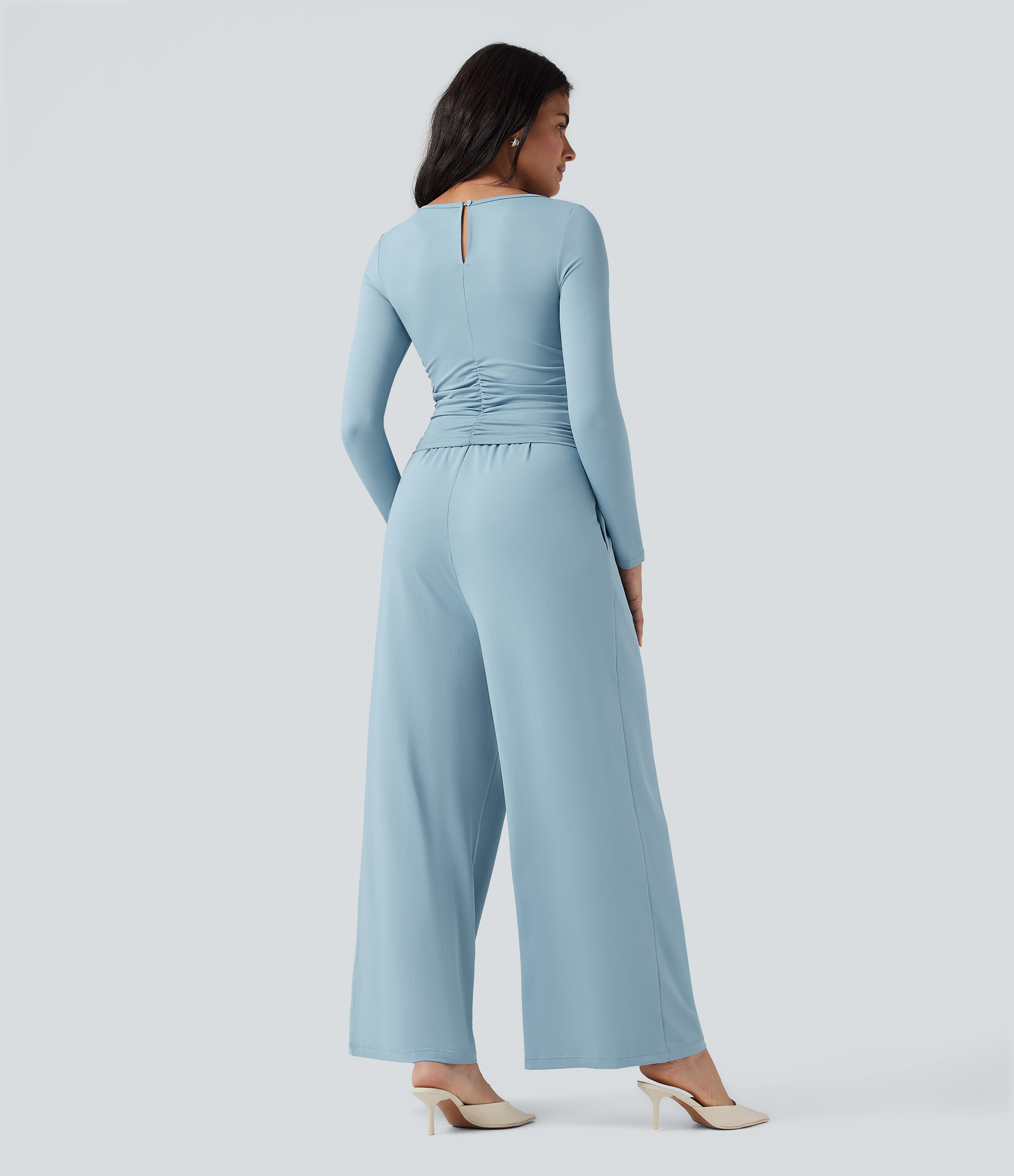 Moon Ice Blue Jumpsuit casual ancho de cuello barco y manga larga con bolsillos (edición Easy Peezy) / 2