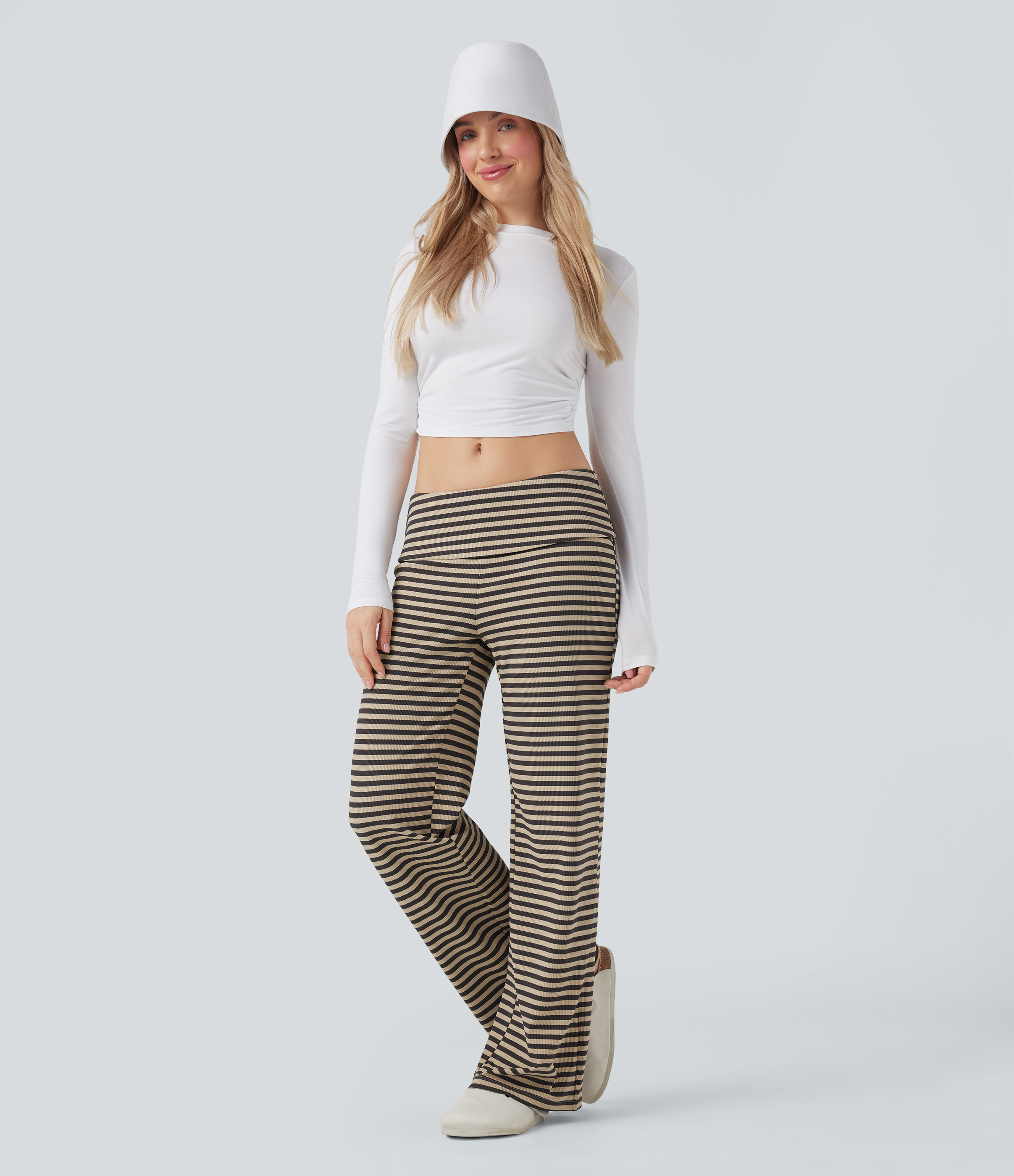 Foldover Low Rise Striped Casual Flared Trousers