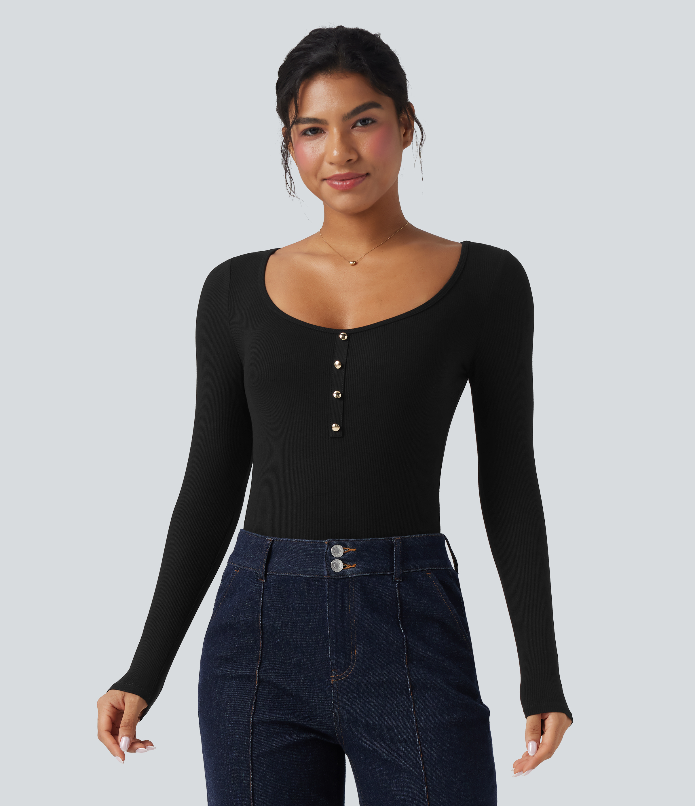 Black Ribbed Knit U Neck Long Sleeve Work Bodysuit / 2