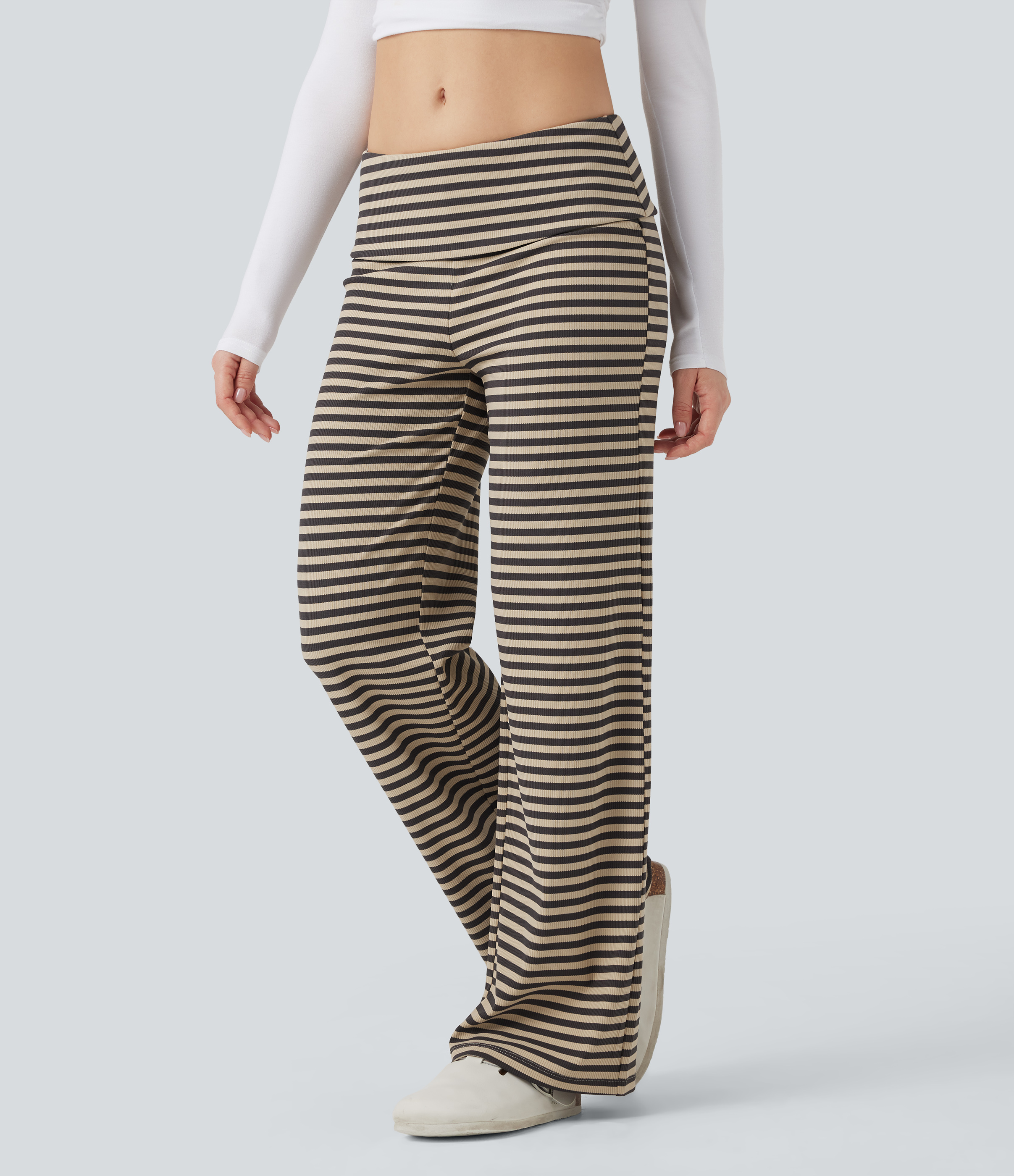 Sand & Ink Stripe Foldover Low Rise Striped Casual Flare Trousers / 2