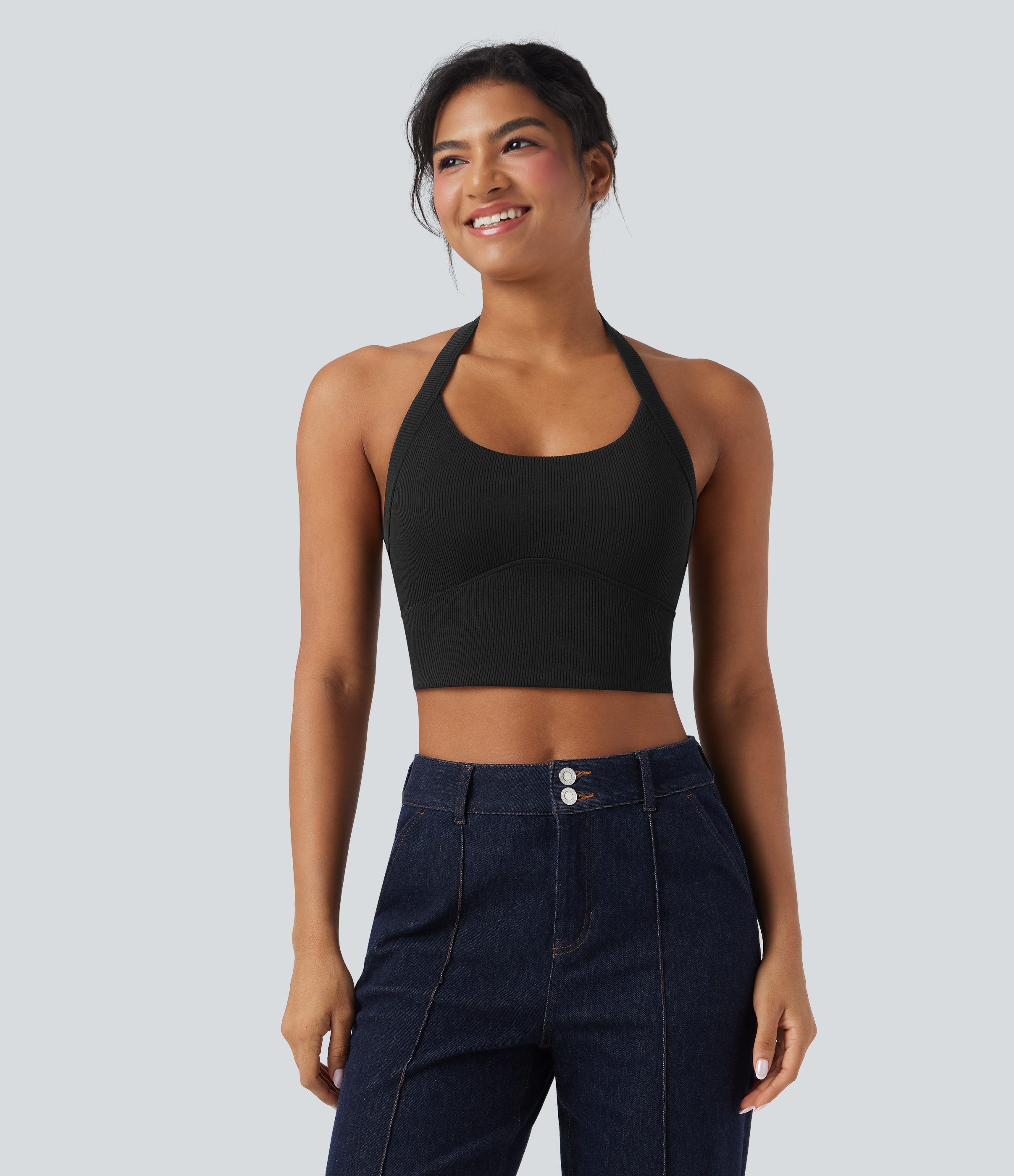 Noir Débardeur décontracté cropped maille côtelée dos-nu boucle réglable / 2