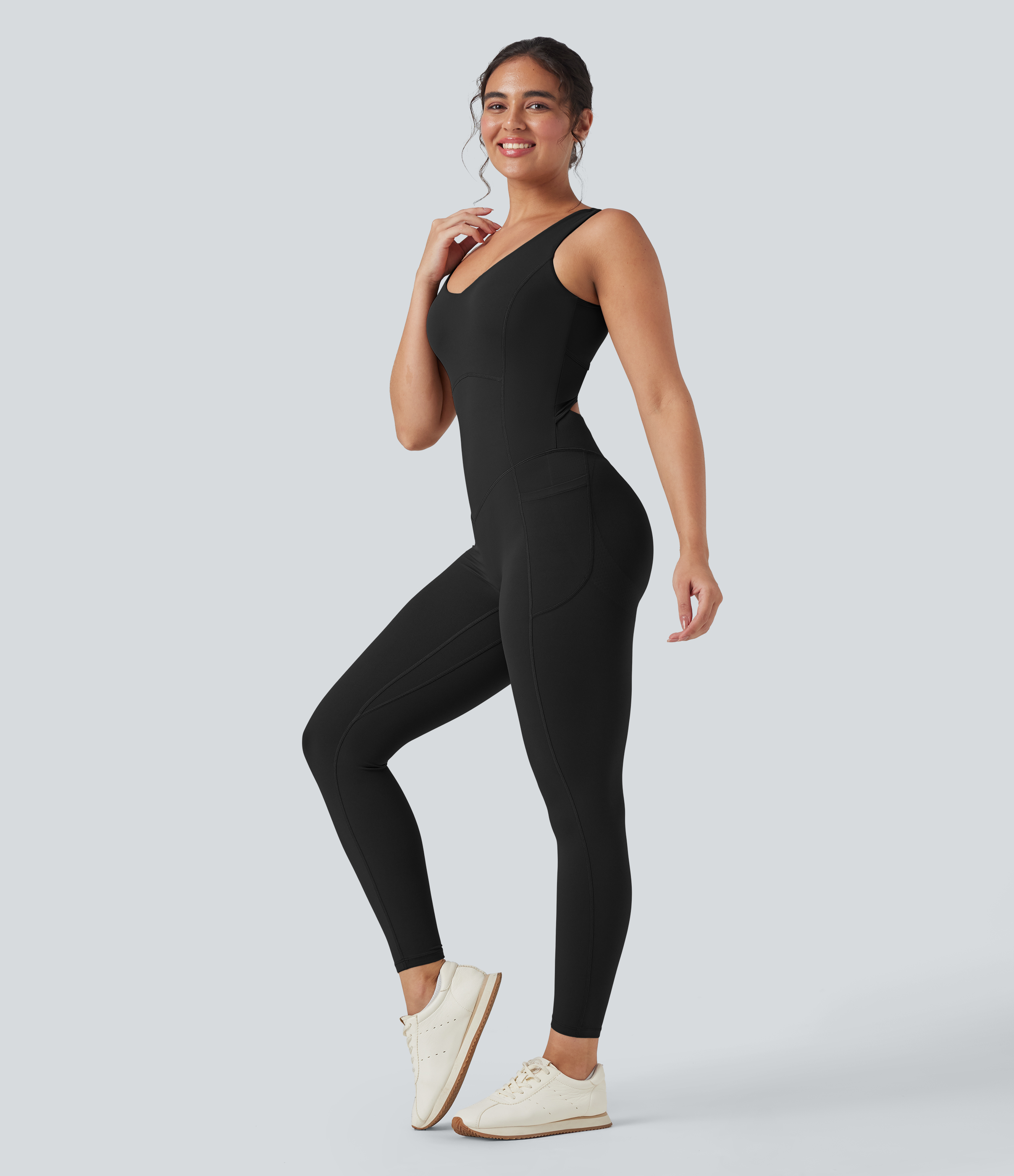 Black Halara UltraSculpt™ V Neck Tummy Control Butt Lifting Workout Jumpsuit with Pockets / 2