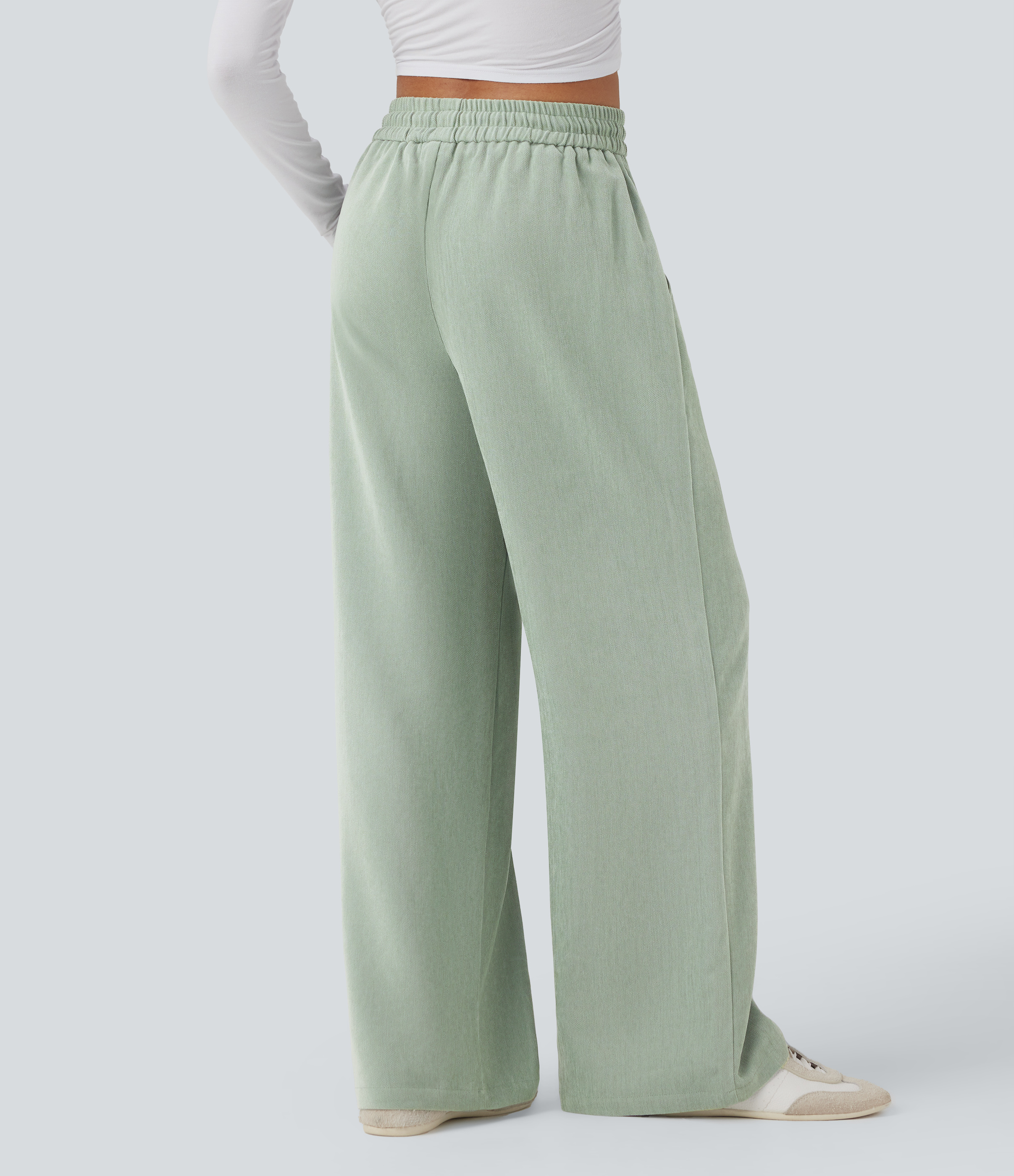 Frosty Green High Waisted Drawstring Wide Leg Casual Trousers with Pockets / 2