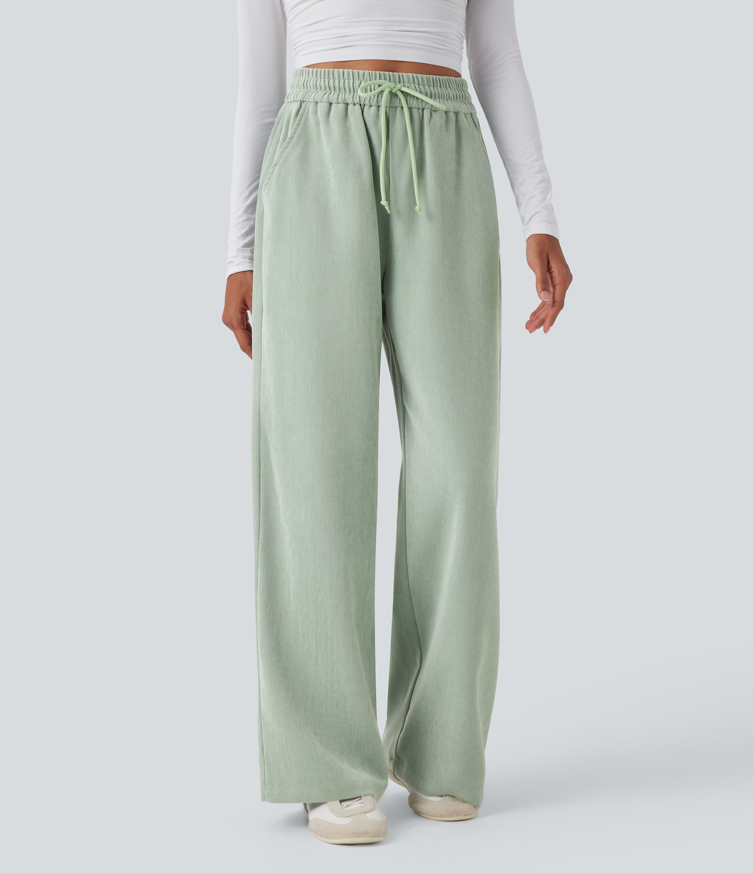 Frosty Green High Waisted Drawstring Wide Leg Casual Trousers with Pockets / 1