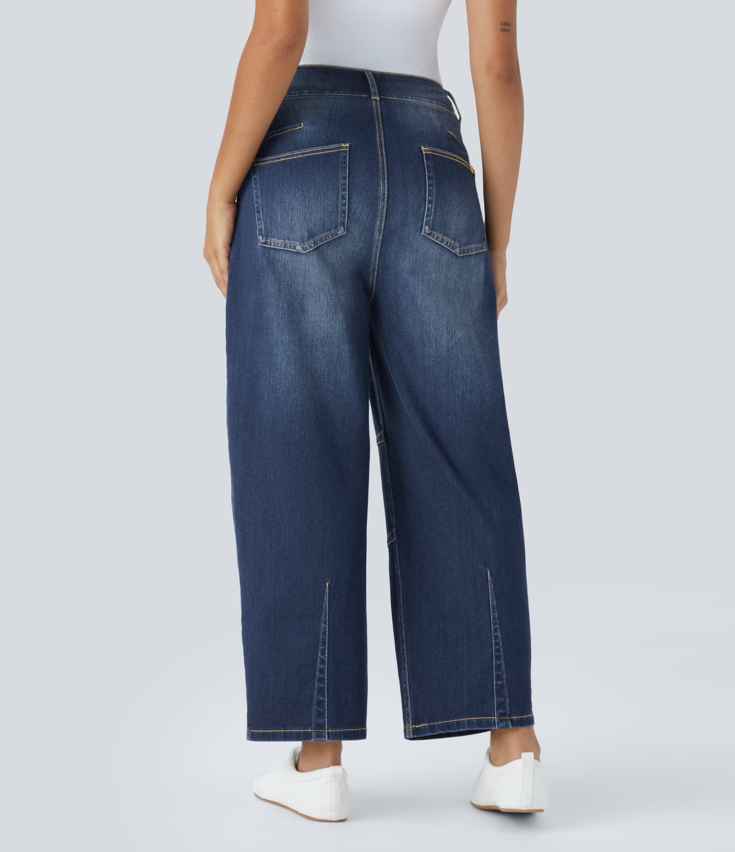 Distressed Denim Dark Blue Jeans Halara Flex™ Denim elástico pierna cilíndrica múltiple bolsillo tiro medio / 2