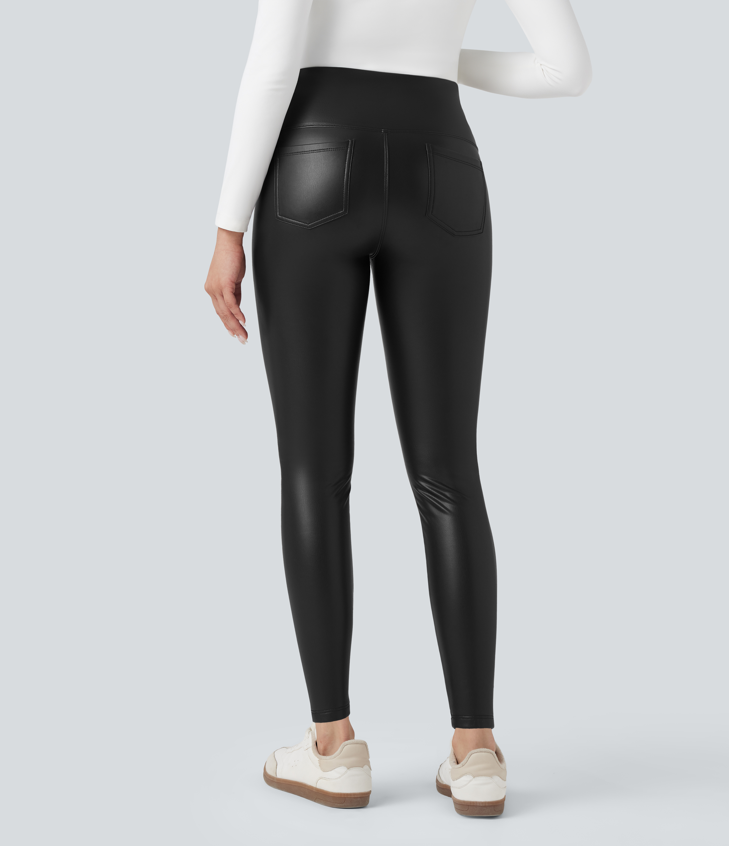 Negro Leggings casuales ajustados SoCinched de 7/8 de PU con control de abdomen, cintura alta y bolsillos / 2