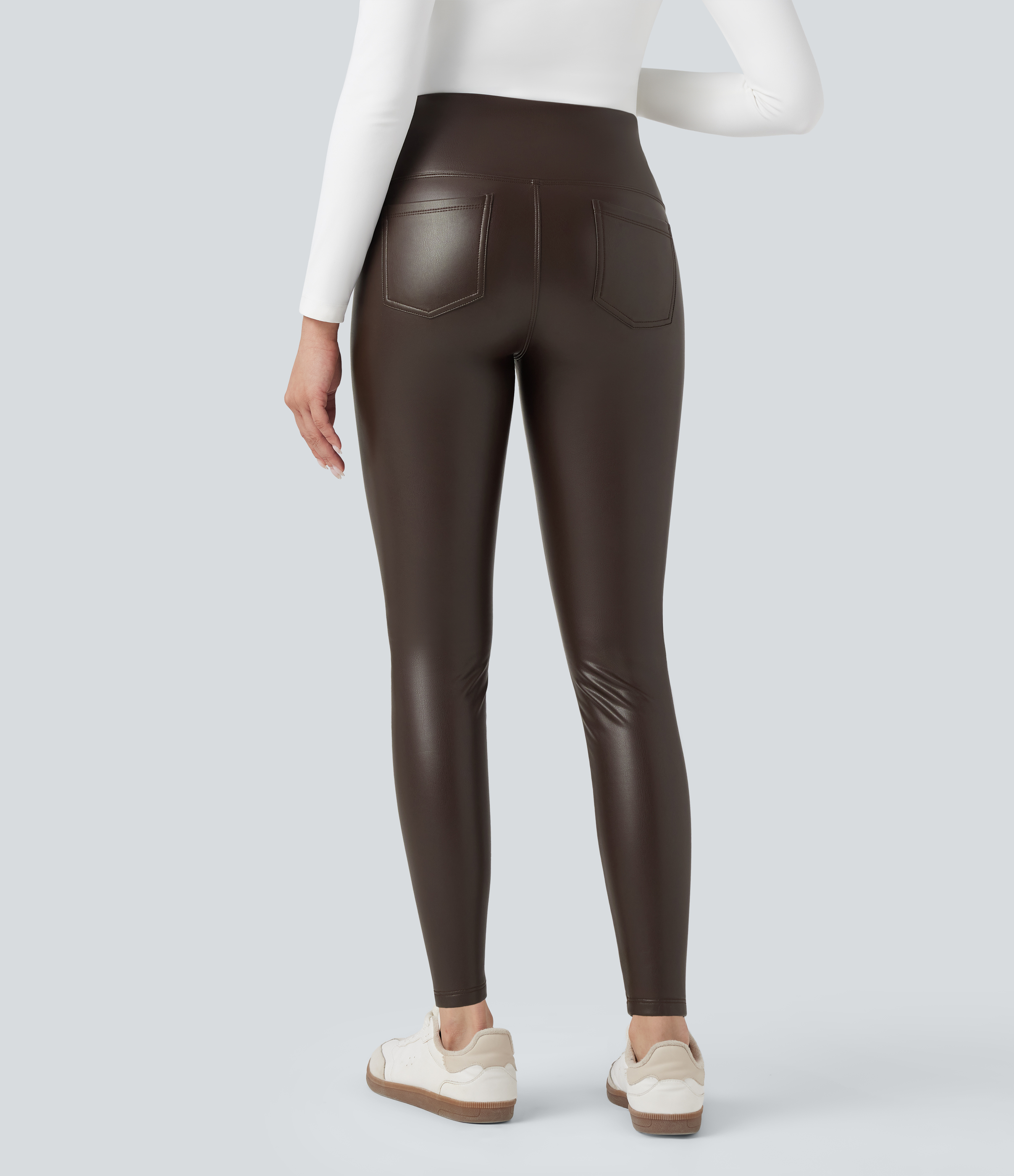 Hot Fudge High Waisted Tummy Control Stretchy PU Fleece 7/8 Skinny Casual Leggings with Pockets / 2
