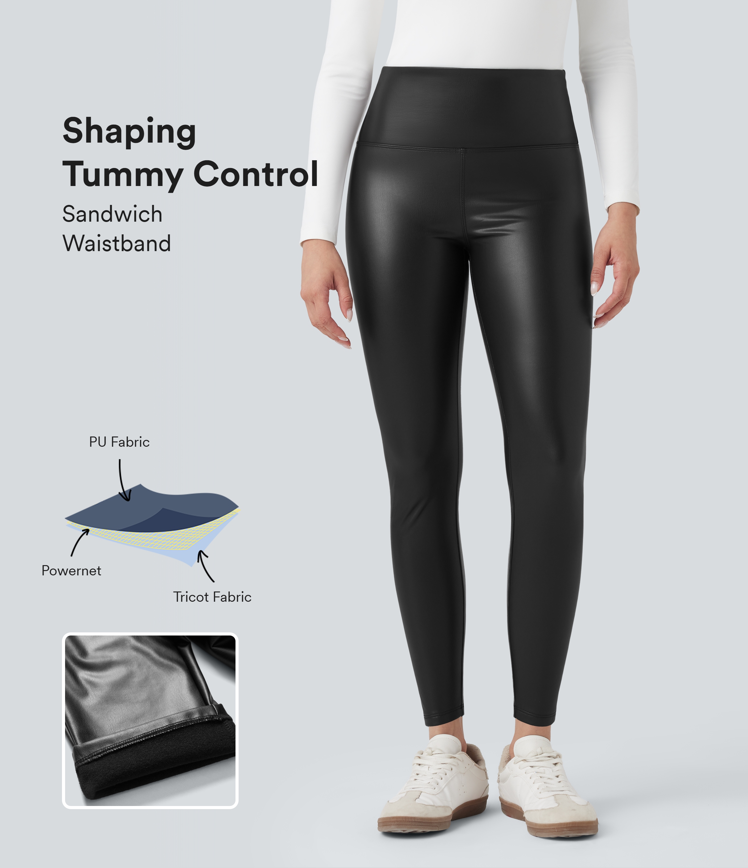 High Waisted Tummy Control Stretchy PU Fleece 7/8 Skinny Casual Leggings with Pockets