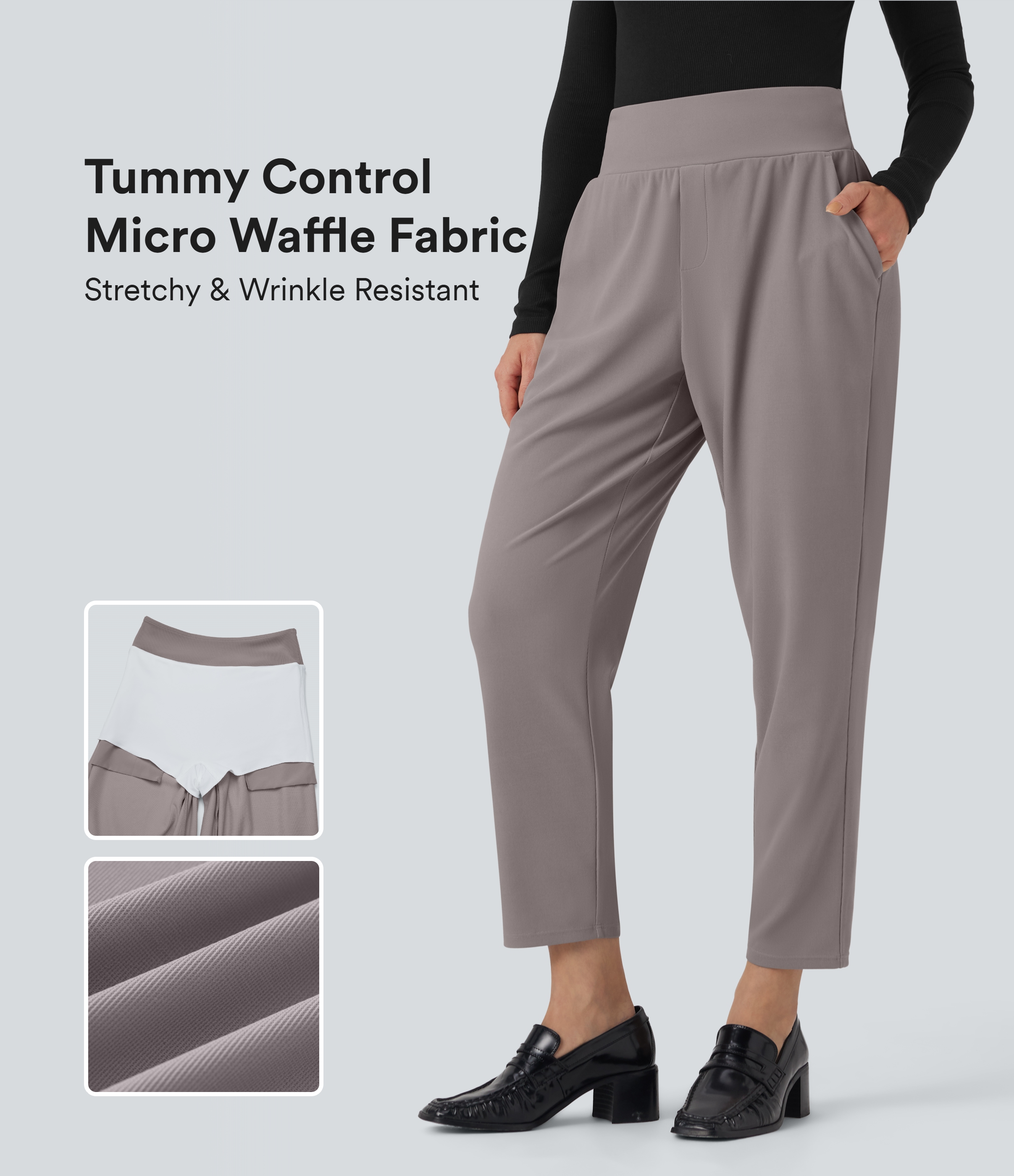 Halara Flex™ Mid Rise Tummy Control Micro Waffle Work Tapered Trousers with Pockets