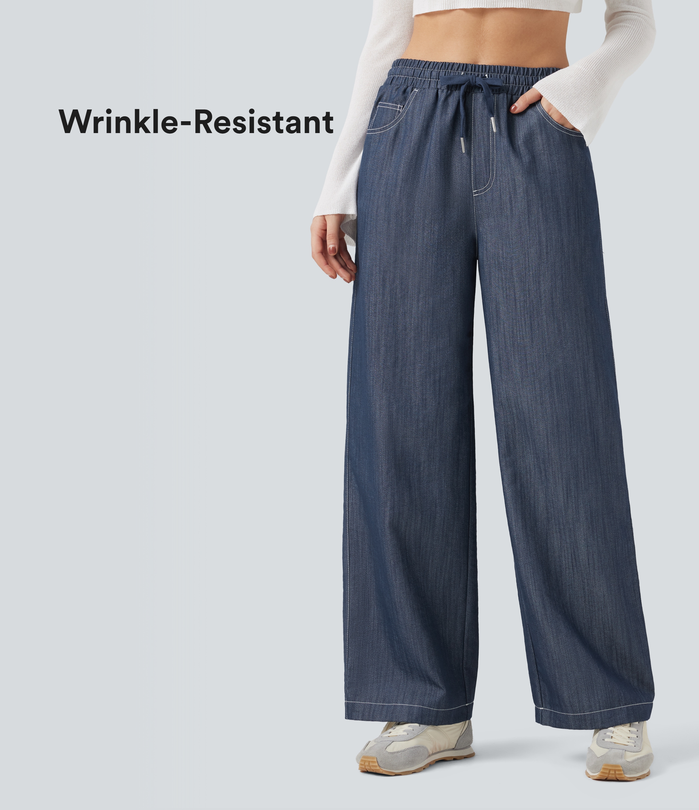 Wrinkle-Resistant High Waisted Drawstring Wide Leg Denim Like Casual Linen-Feel Pants with Pockets