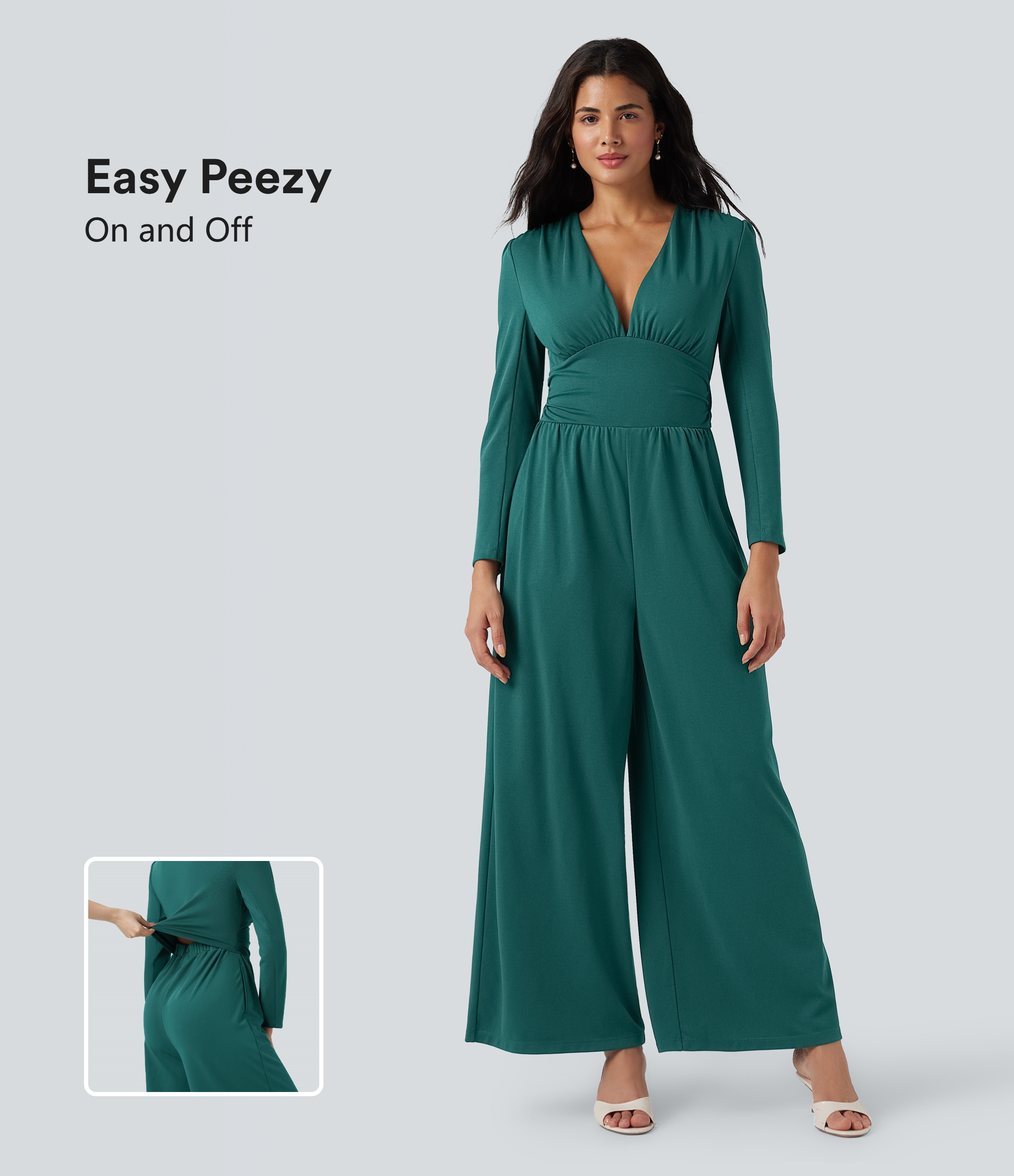 V Neck Long Sleeve Ruched Jumpsuit with Pockets-Easy Peezy Edition
