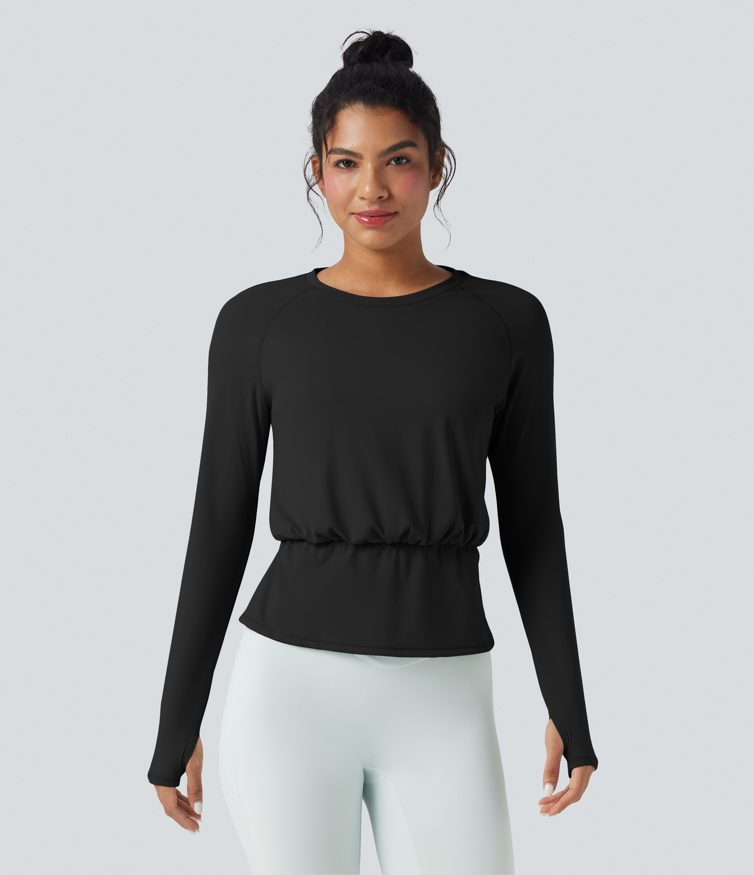Black SoftlyZero™ Airy Round Neck Long Sleeve Thumb Hole Pleated InstantCool Yoga Sports Top / 2