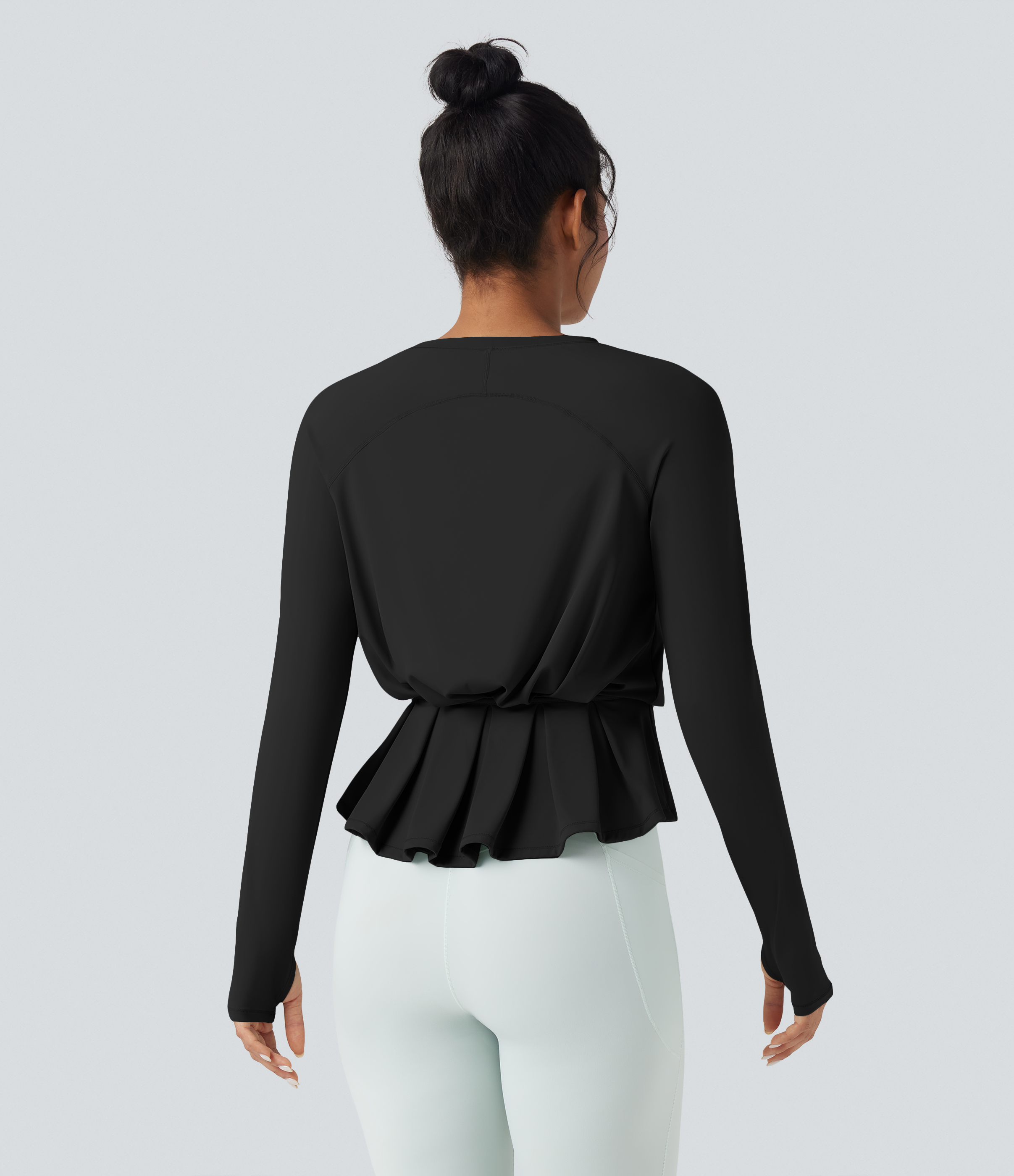 Black SoftlyZero™ Airy Round Neck Long Sleeve Thumb Hole Pleated InstantCool Yoga Sports Top / 1