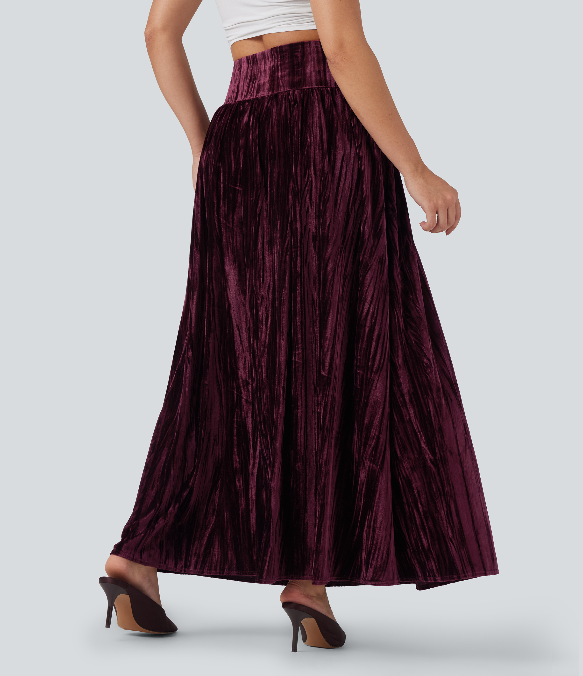 Crimson Shimmer Falda maxi casual de terciopelo 2 en 1 de tiro alto / 2