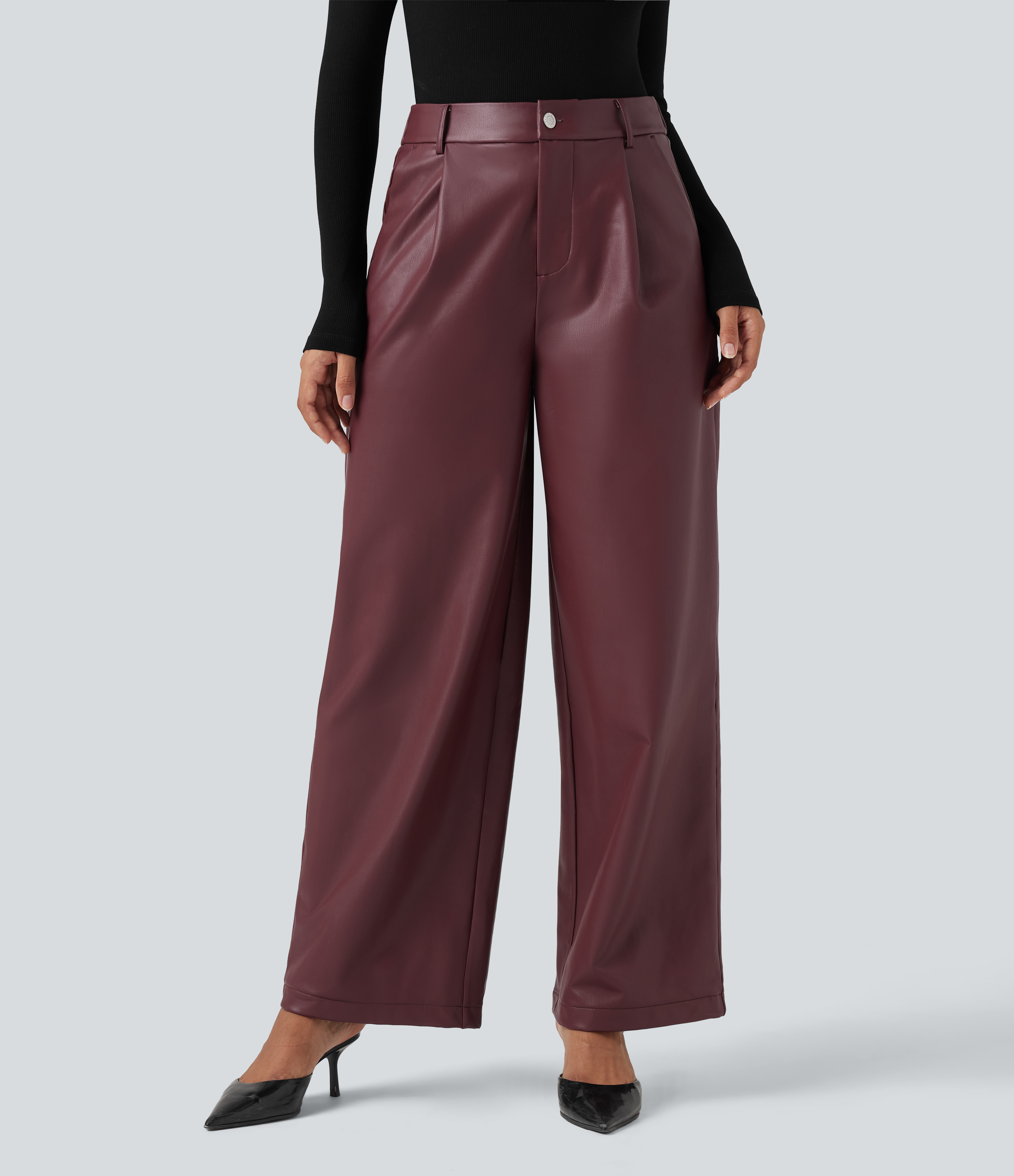 Pantalones casuales anchos de cuero sintético y polar con tiro alto y bolsillos