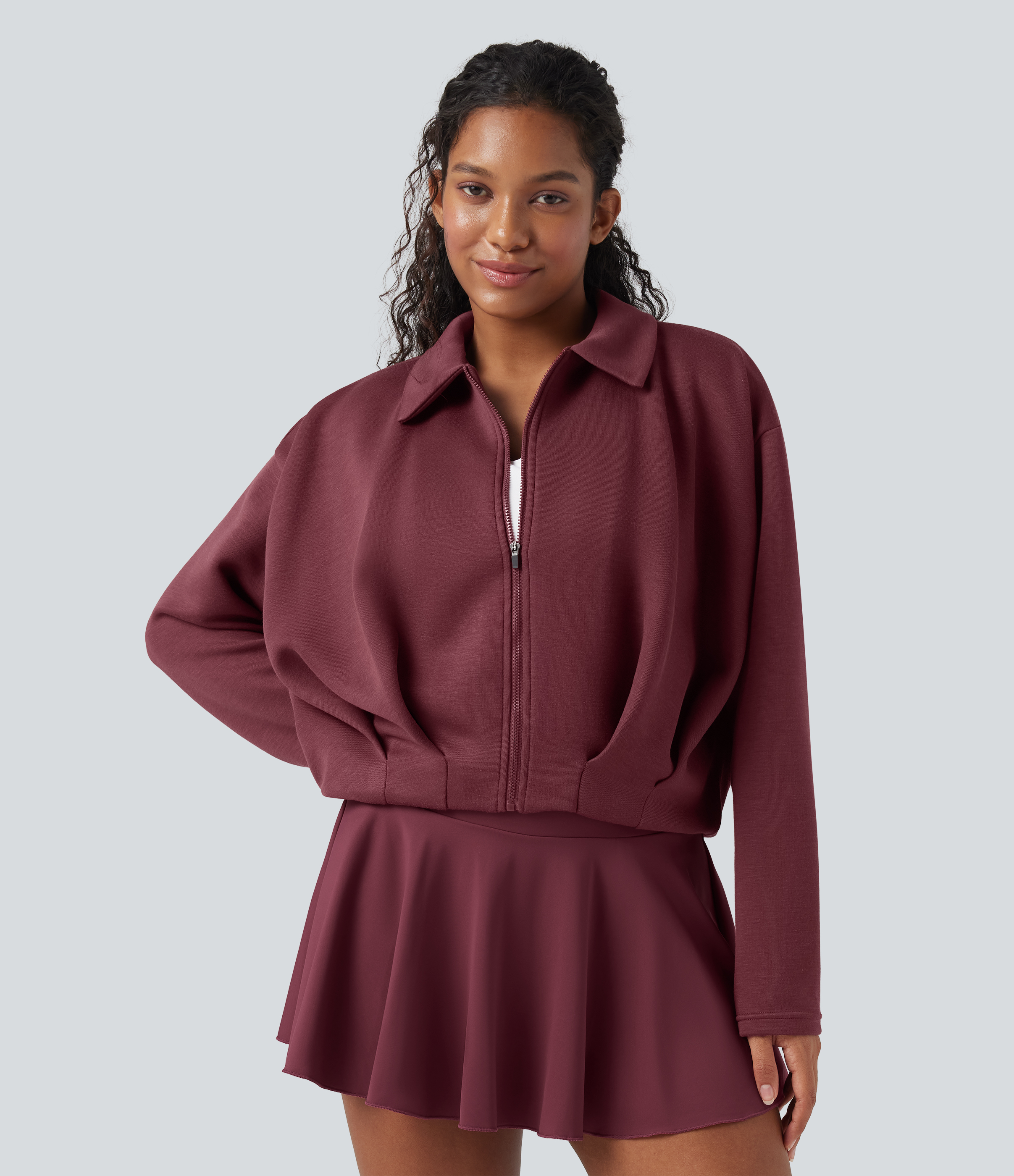 Oxblood Red SpacerTek™ Collar Long Sleeve Pleated Zip Fly Casual Jacket / 2