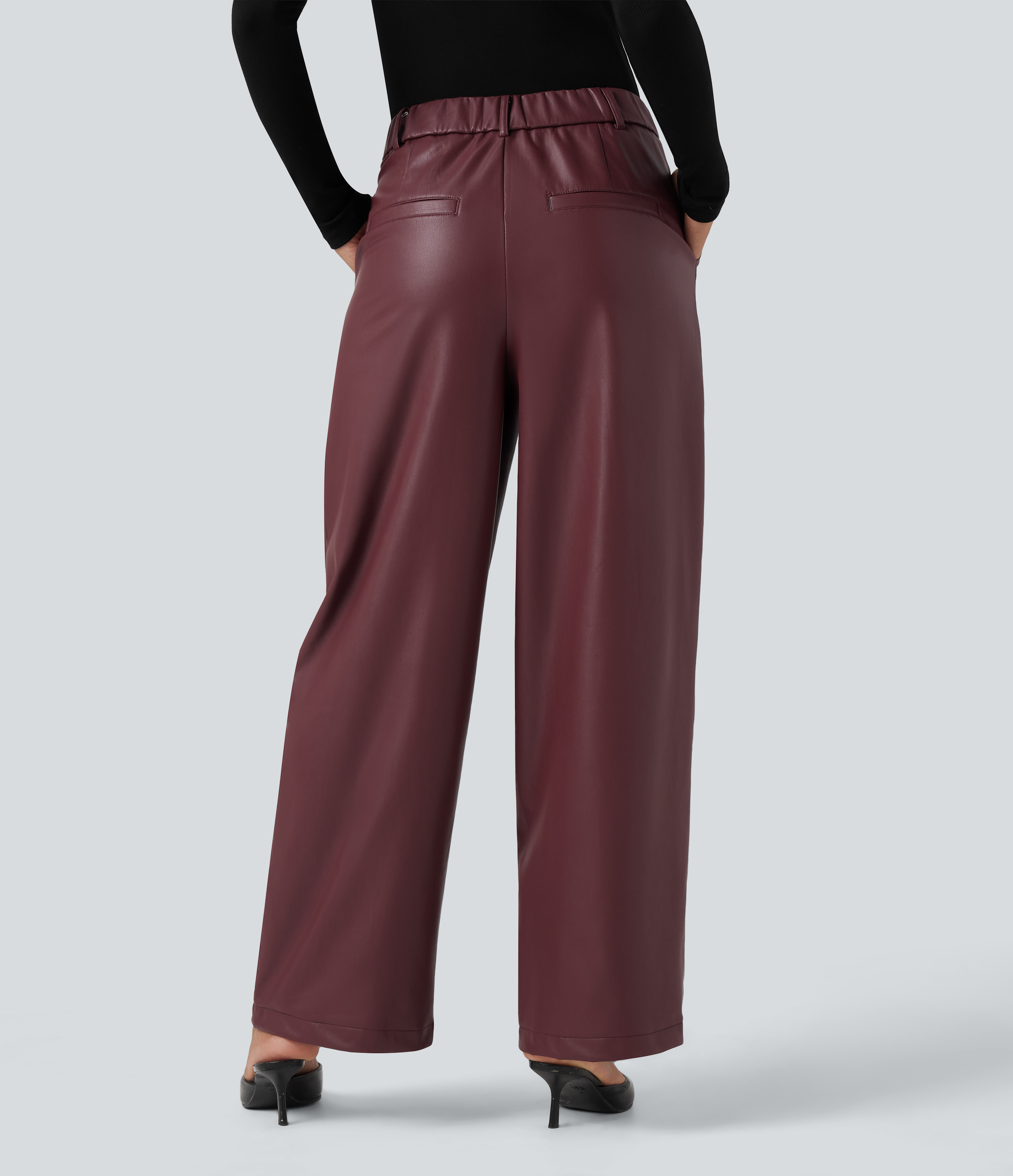Red Mahogany Pantalones casuales anchos de cuero sintético y polar con tiro alto y bolsillos / 2