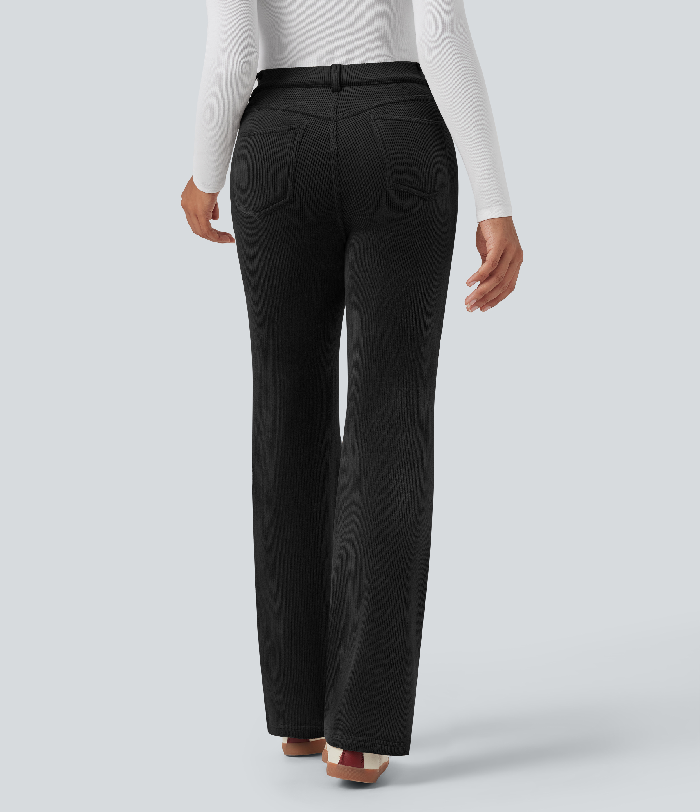 Black High Waisted Tummy Control Fleece Corduroy Casual Flared Trousers with Pockets / 2