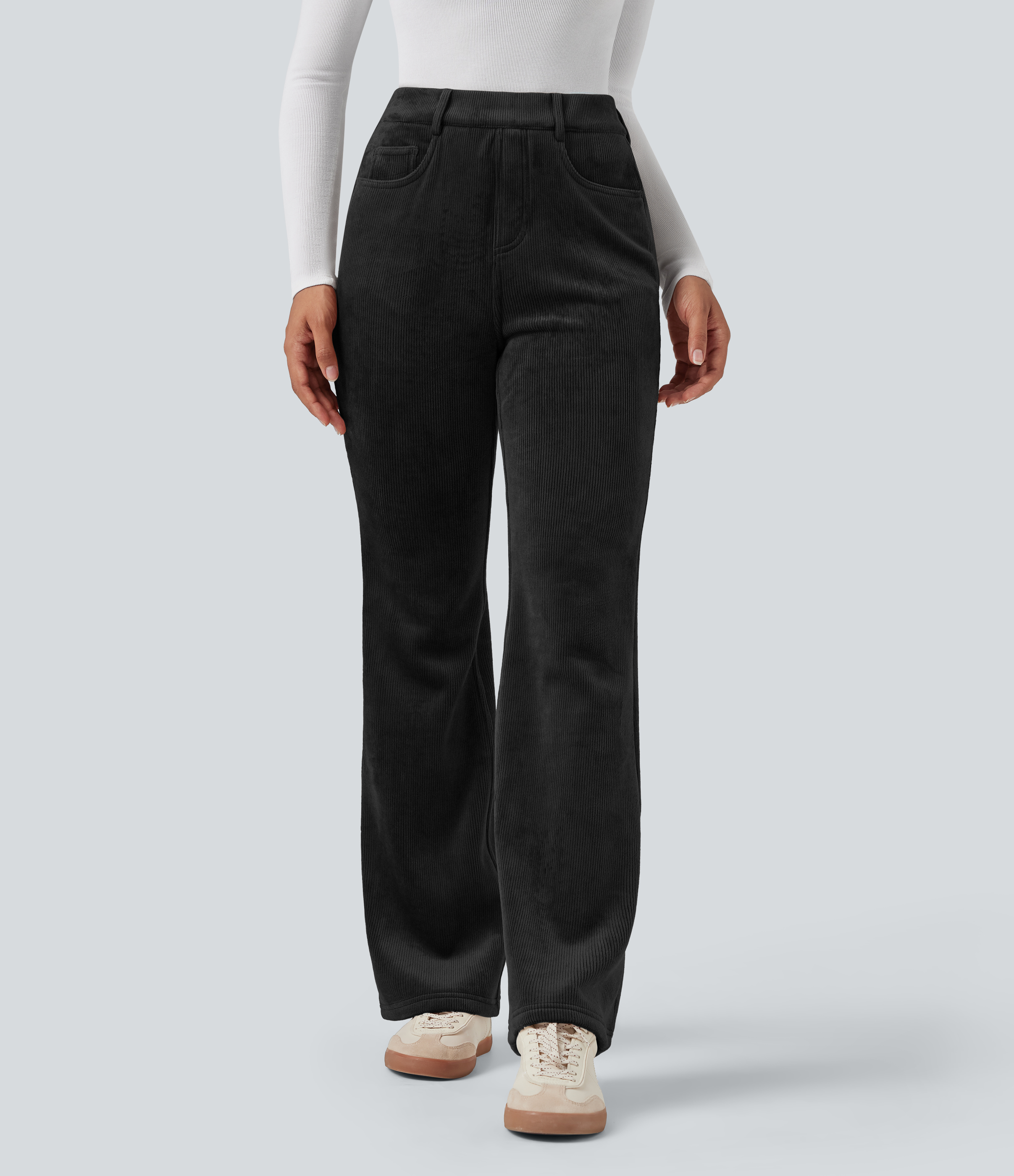 High Waisted Tummy Control Fleece Corduroy Casual Flare Pants with Pockets