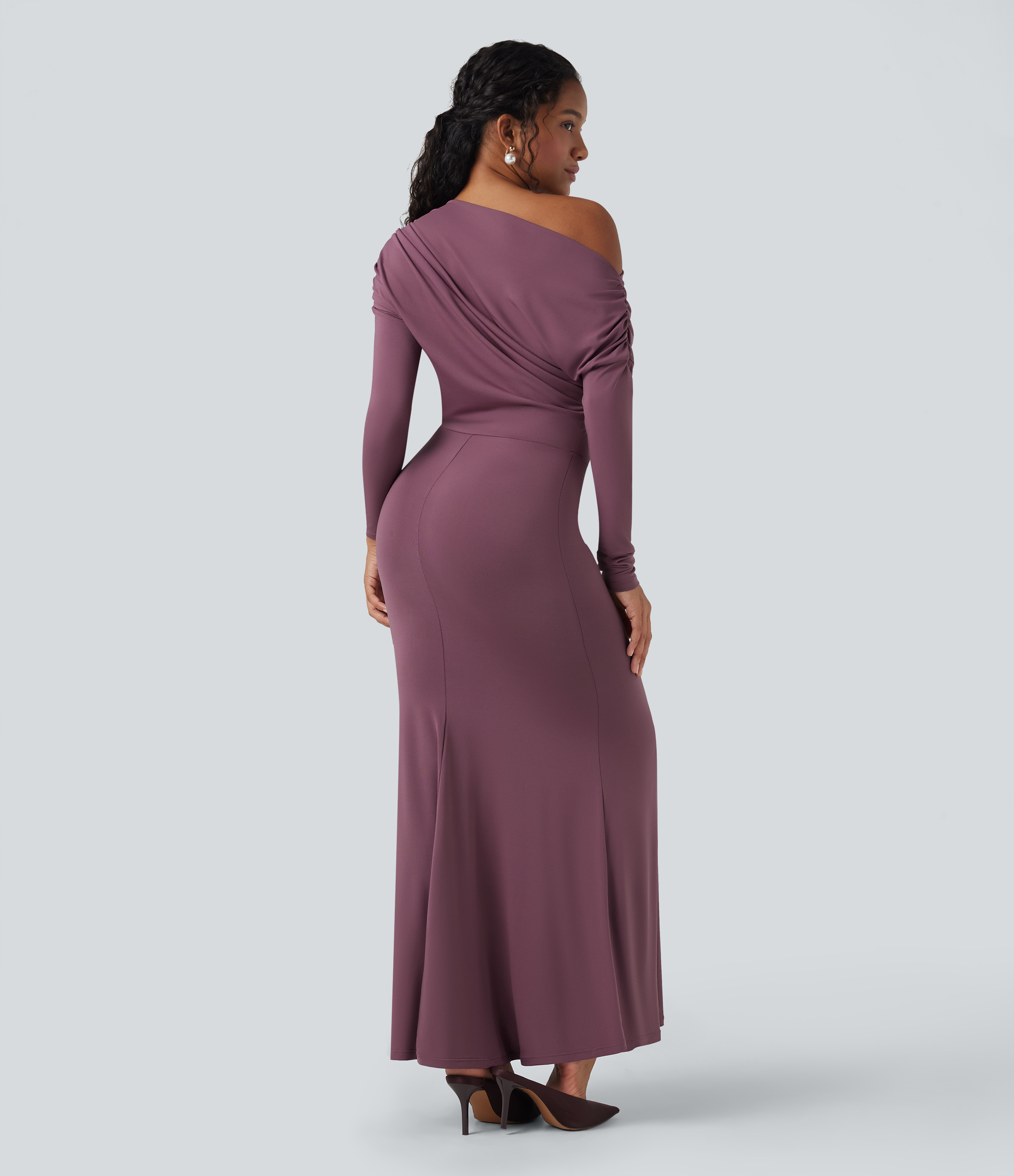Tulipwood Vestido maxi sirena de manga larga con hombros descubiertos / 2