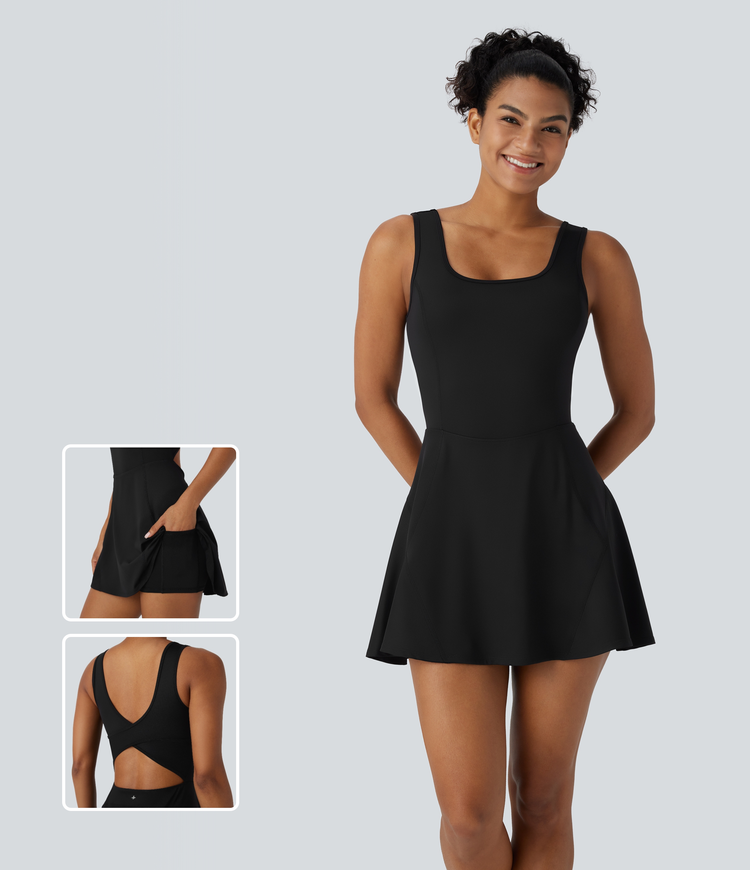 Vestido mini de baile deportivo Softlyzero™, 2 en 1, con espalda descubierta, escote en U cruzado y bolsillos laterales