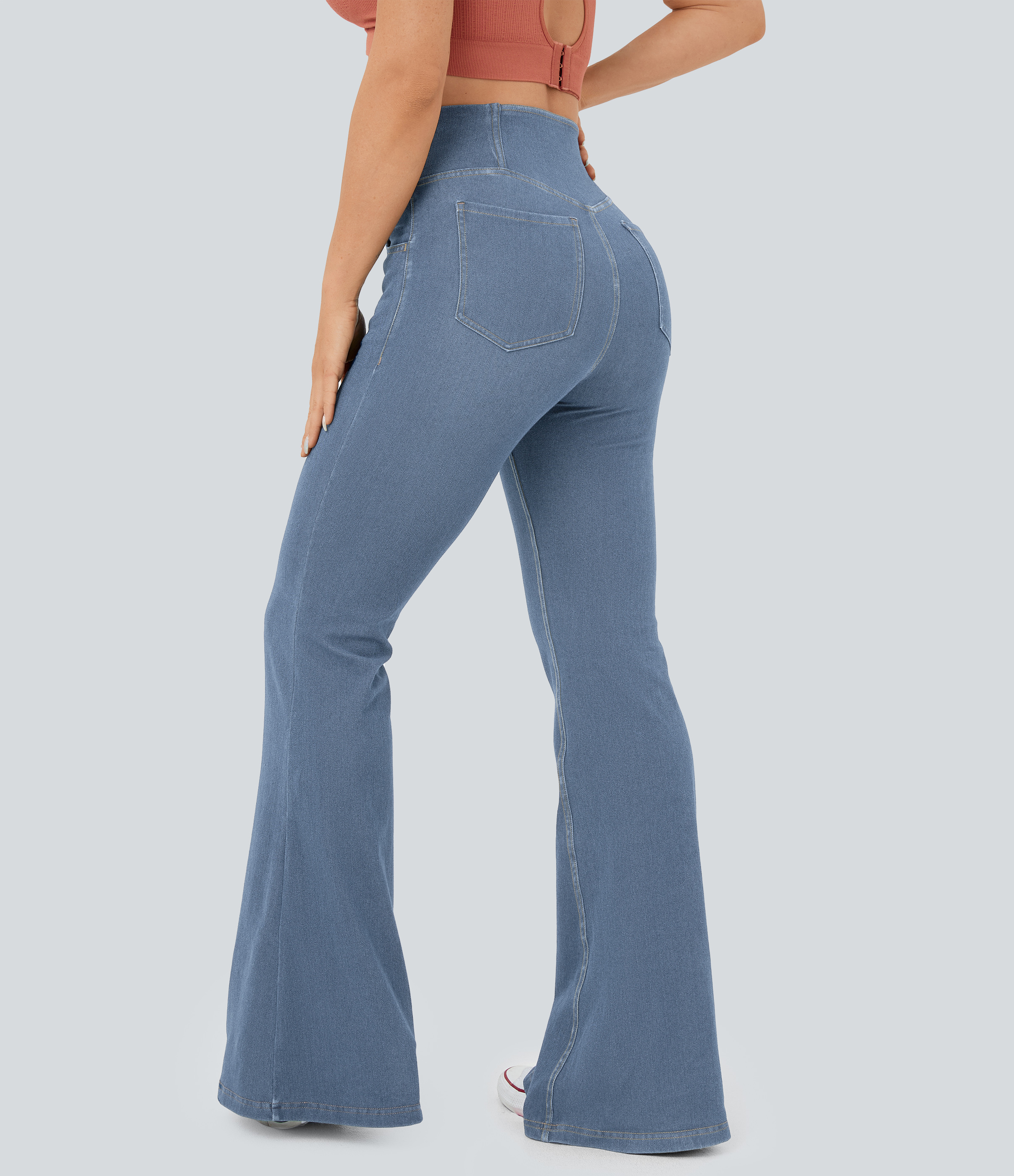 Jeans Halara Flex™ súper acampanado elástico lavado bolsillo cruzado tiro alto
