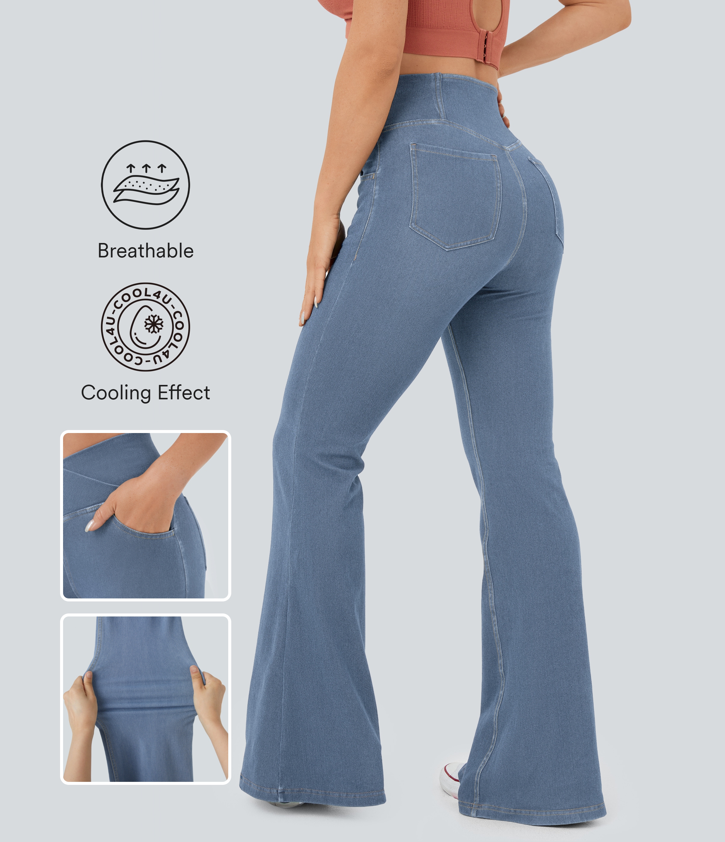 Pastel Blue Denim Halara Flex™ džíny s vysokým pasem, překříženou kapsou, InstantCool, prané, volnočasové / 2