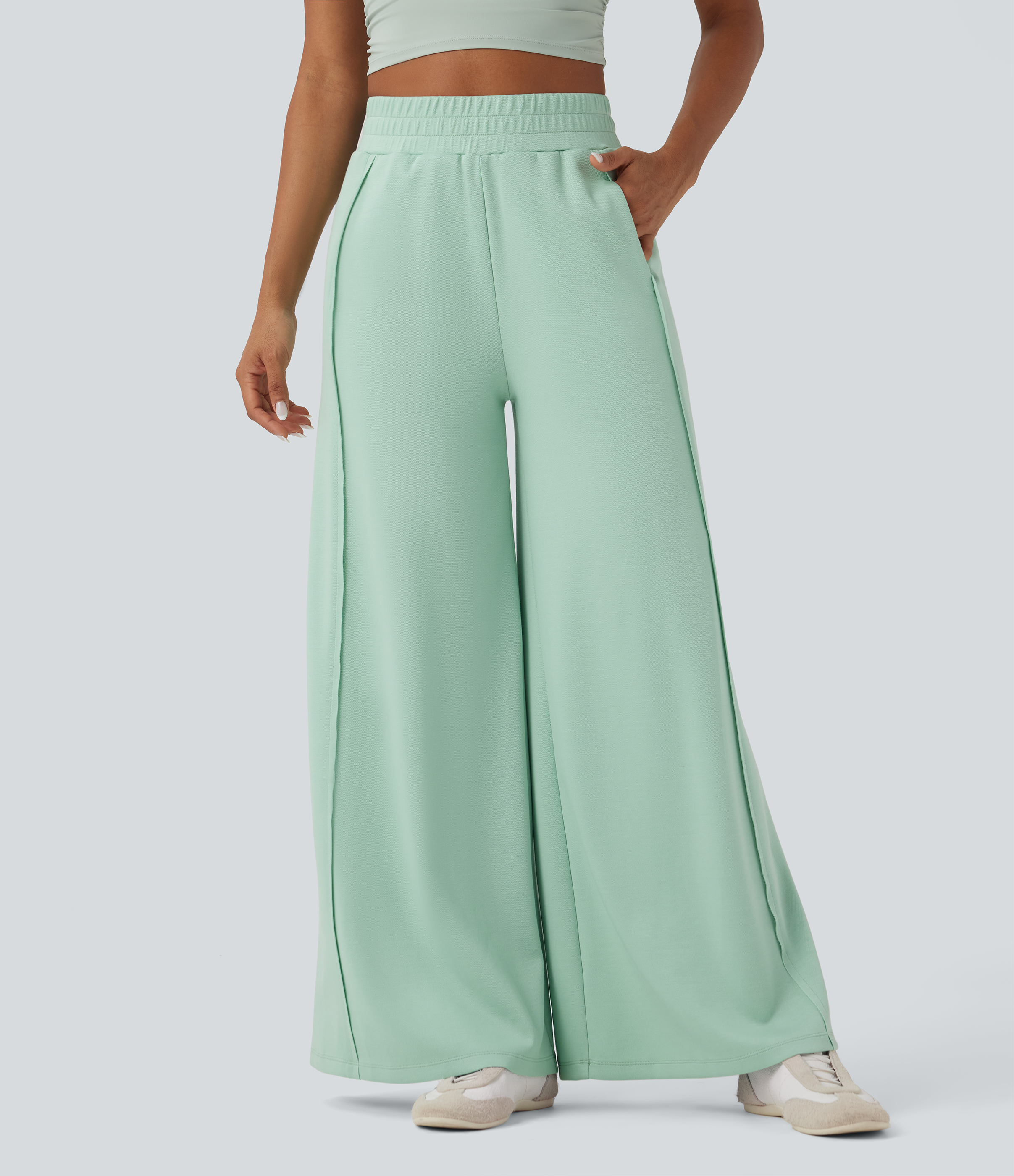 High Waisted Wide Leg Micro Waffle Casual Trousers with Pockets