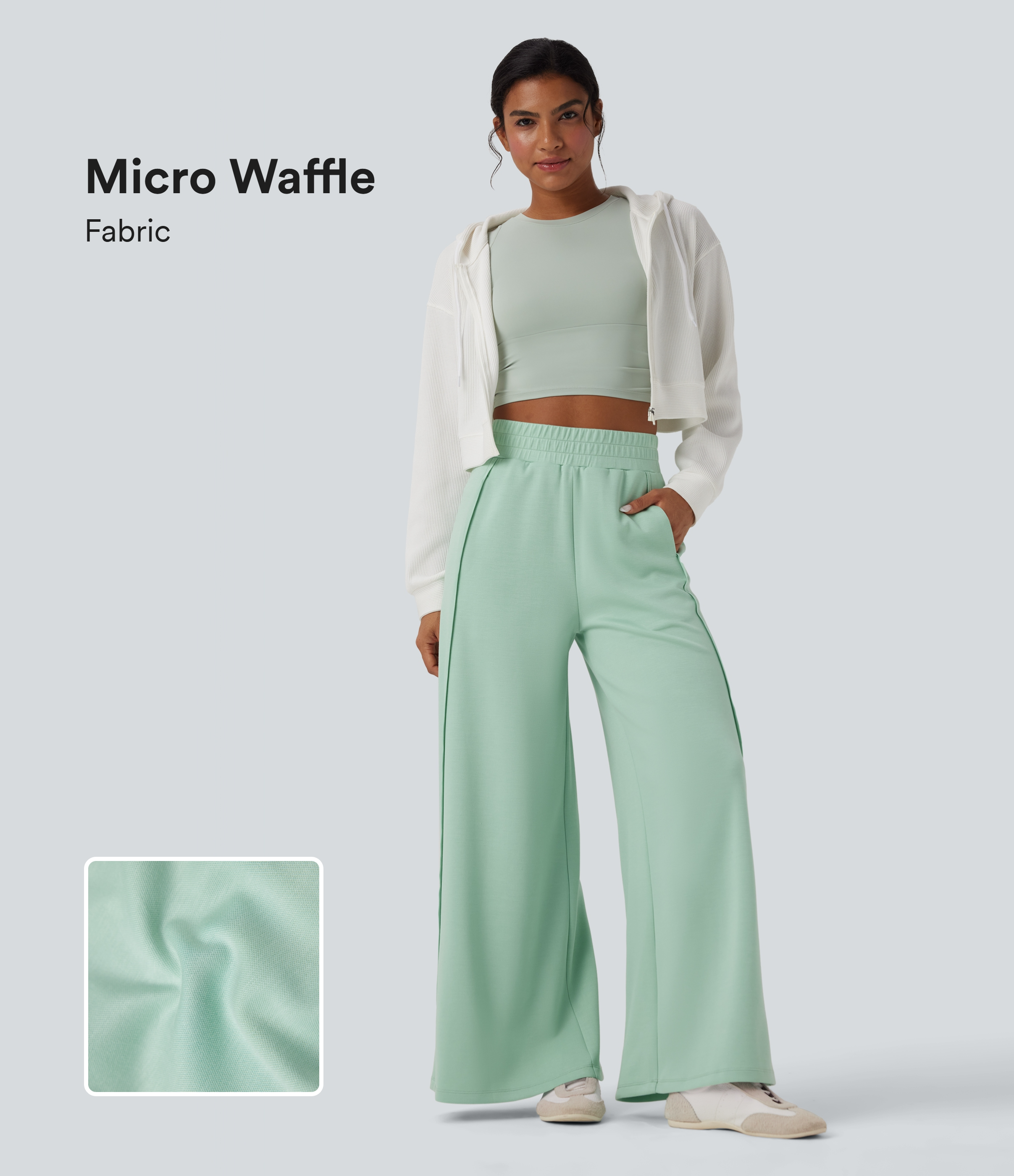 Misty Jade Pantalones casuales anchos de tiro alto de microgofre con bolsillos / 1