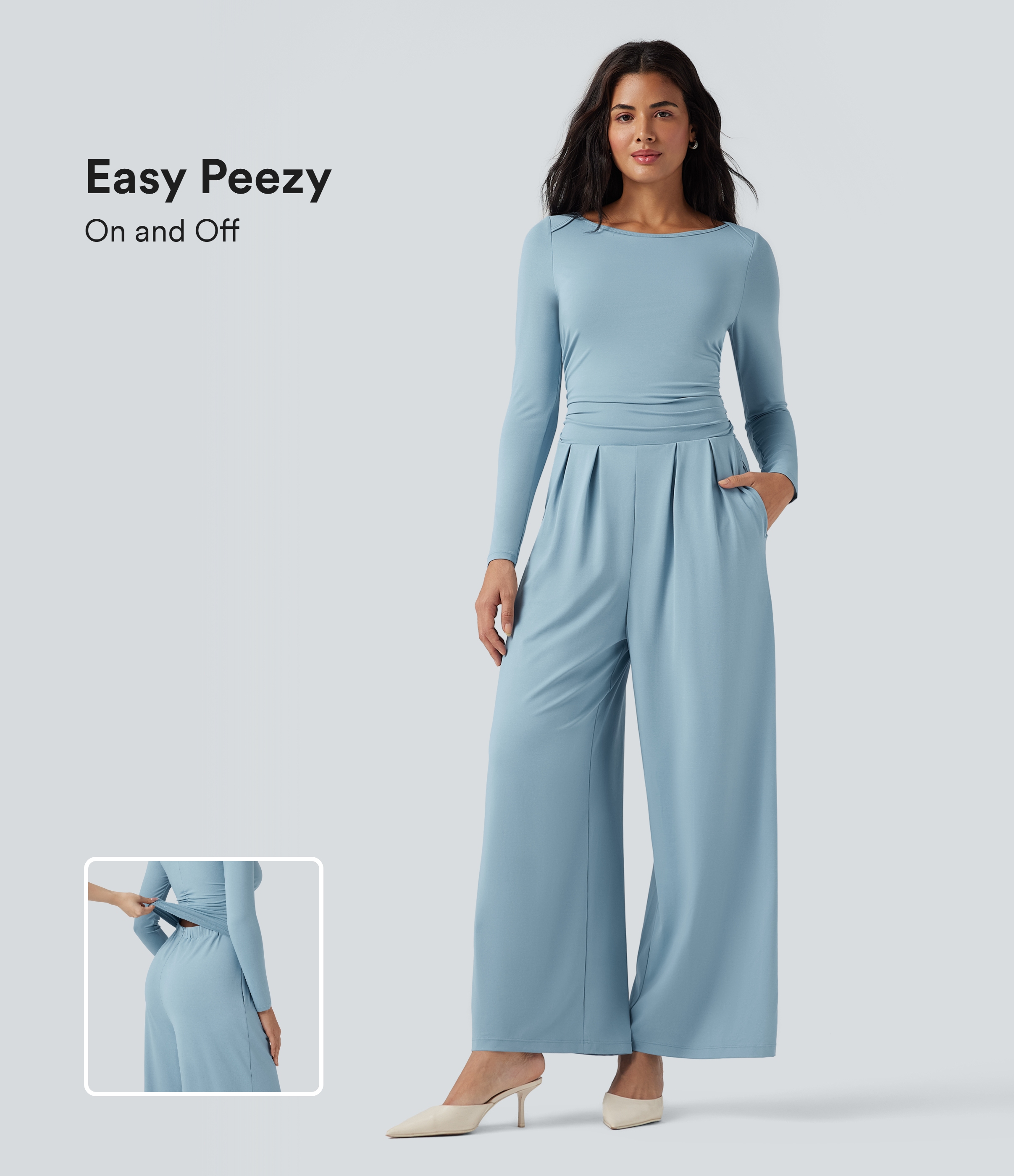 Boat Neck Long Sleeve Wide Leg Casual Work Jumpsuit with Pockets-Easy Peezy Edition