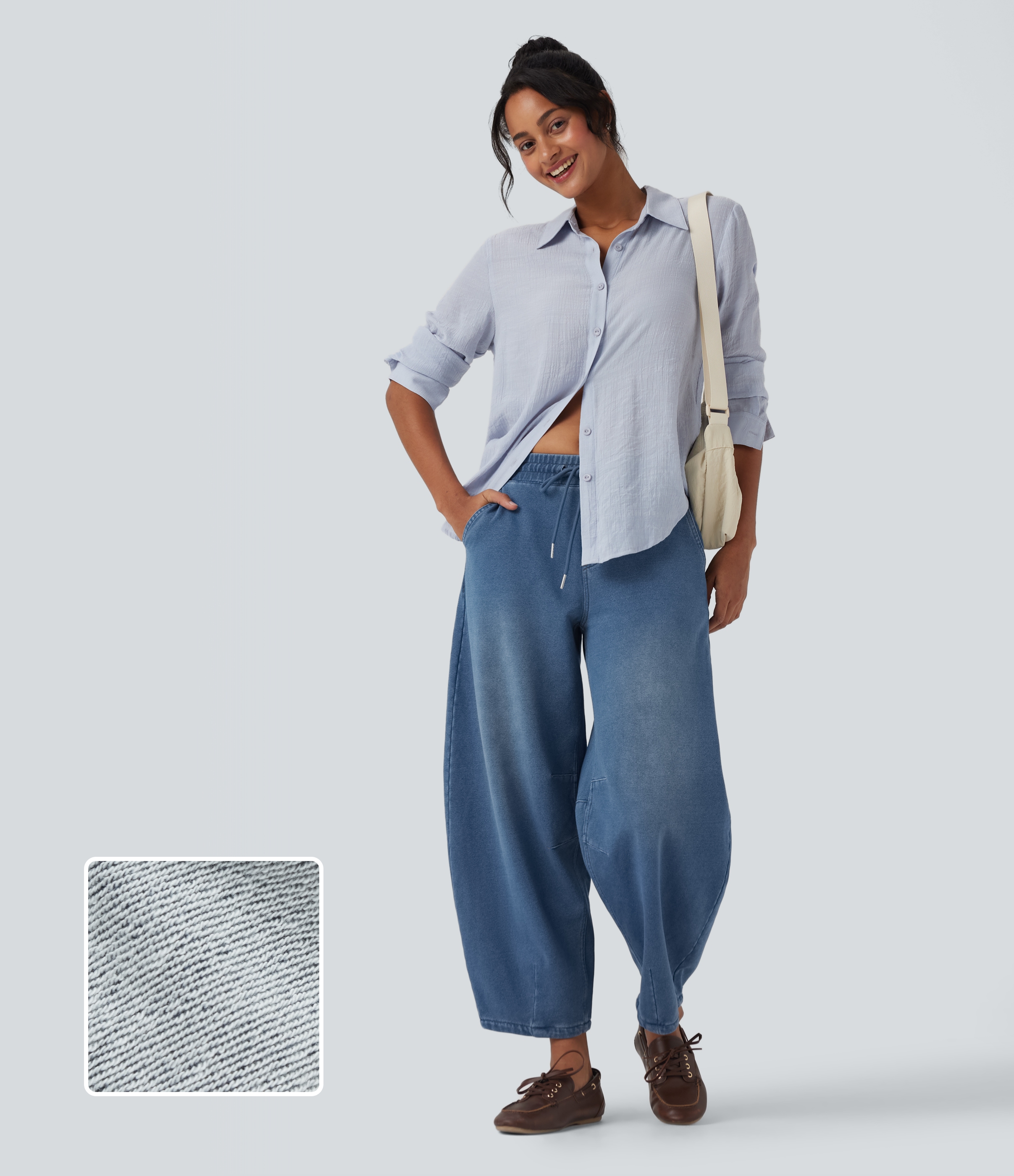 Jean 7/8 jogging molleton français Halara Flex™ taille mi-haute coupe barrel avec cordon et poches