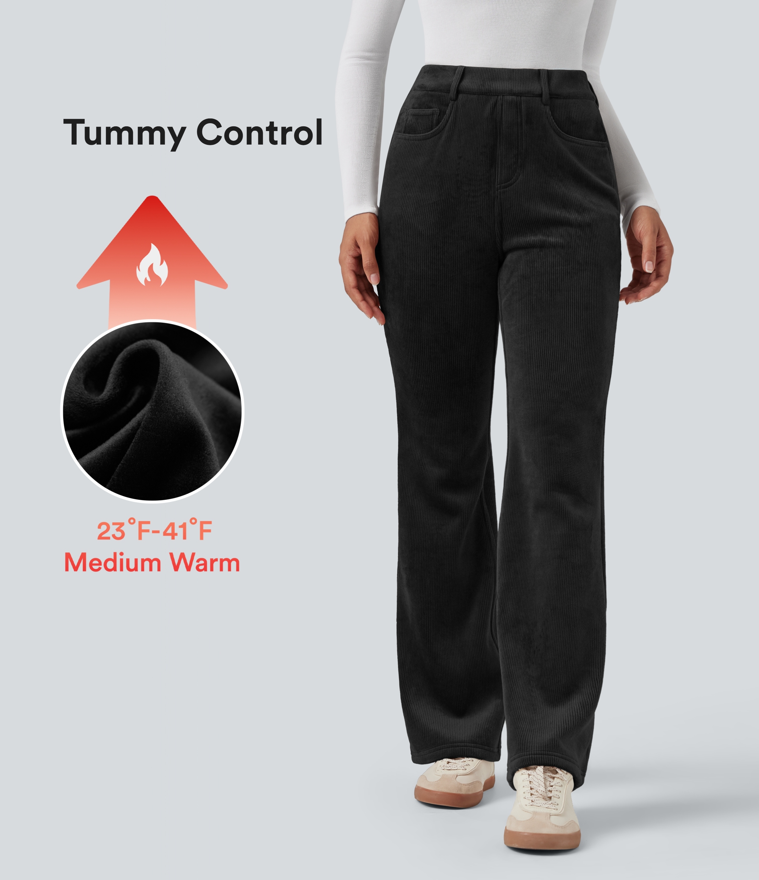 High Waisted Tummy Control Fleece Corduroy Casual Flare Pants with Pockets