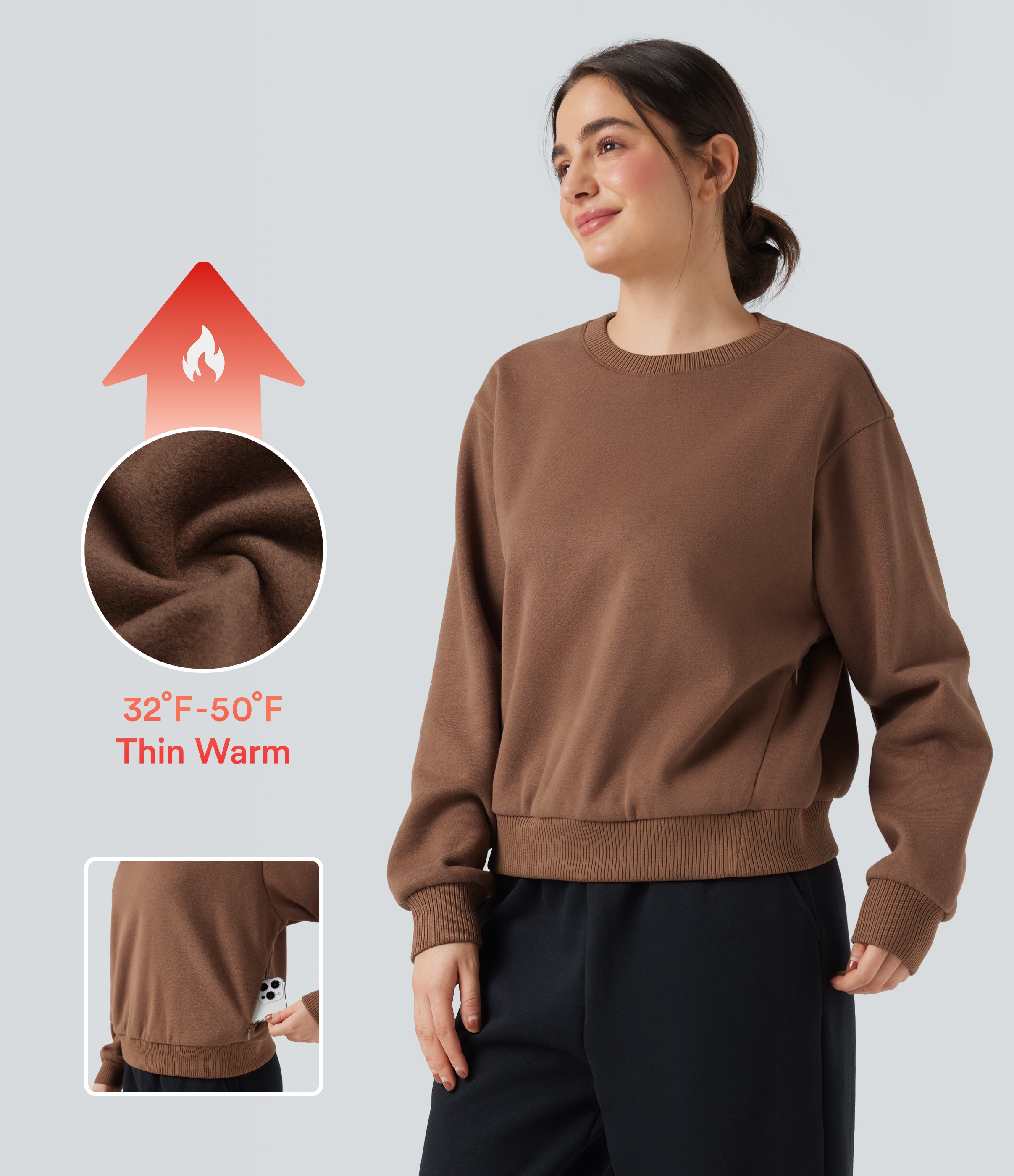 Pecan Pie Sudadera casual de algodón de manga larga con polar y cuello redondo con bolsillos / 1