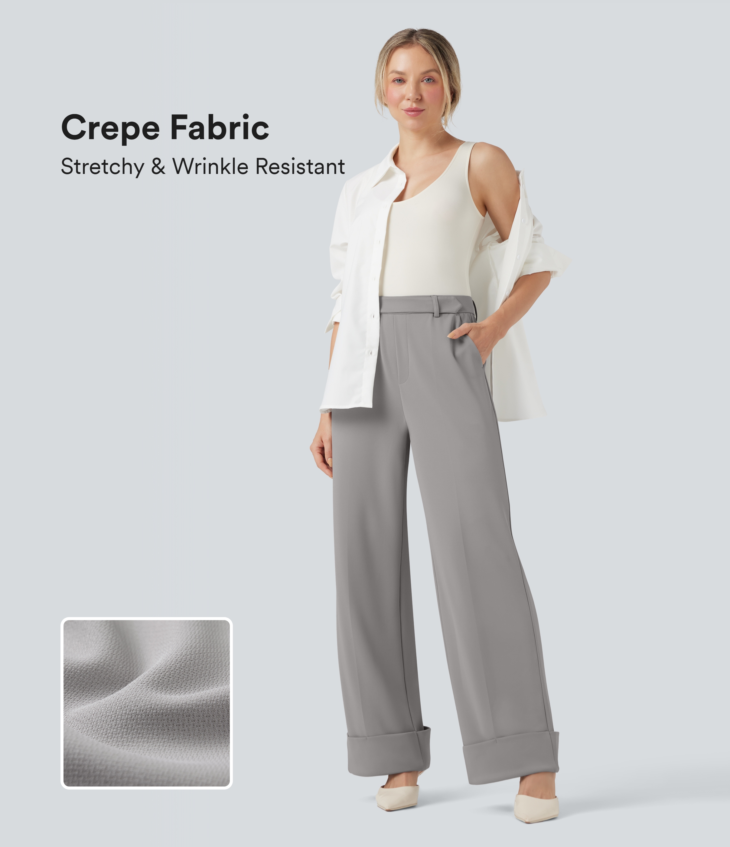 Halara Flex™ High Waisted Rolled Hem Crepe Work Baggy Trousers with Pockets