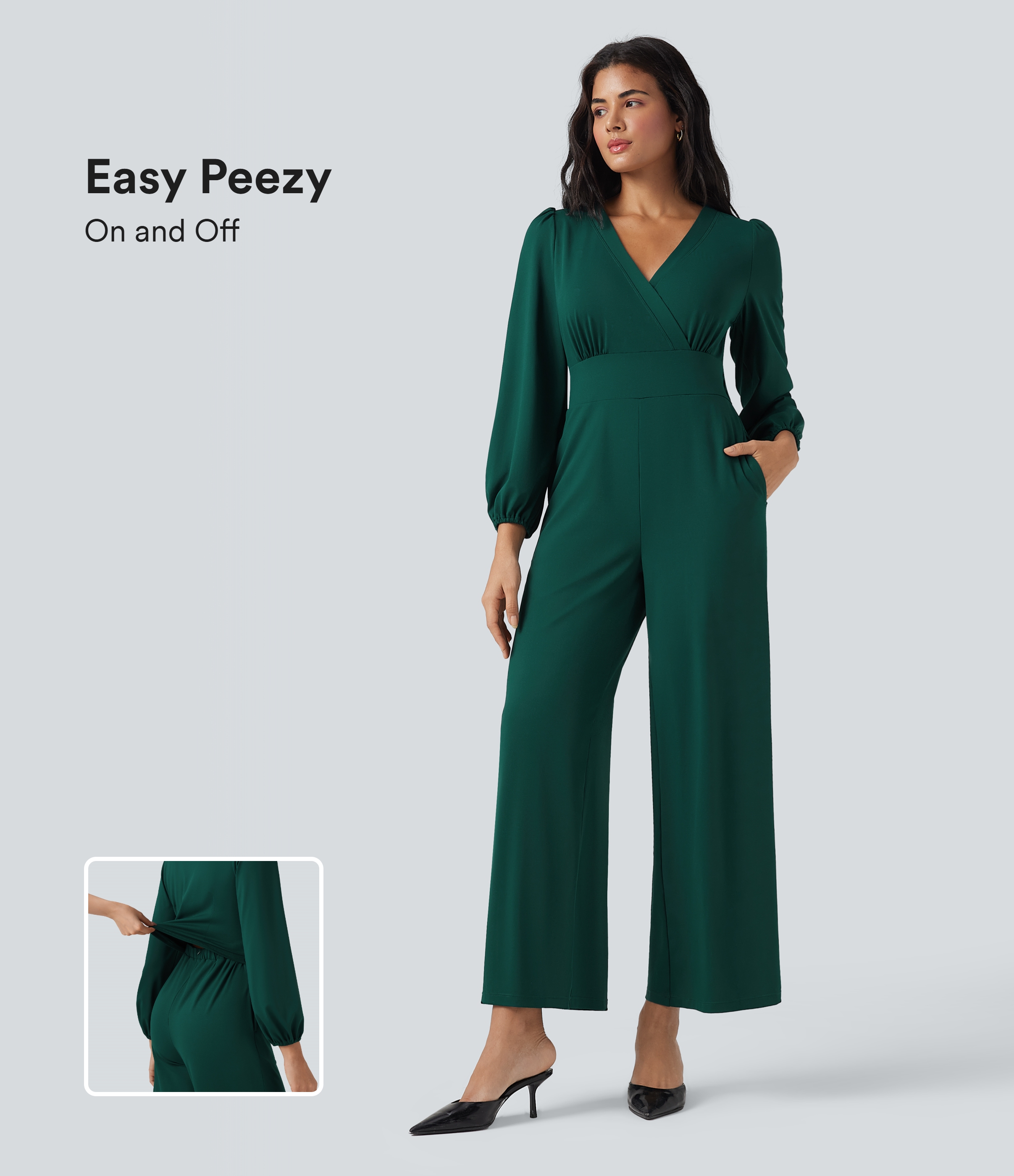 Rain Forest Jumpsuit ancho de oficina de manga larga con cuello en V y bolsillos - Edición Easy Peezy / 1