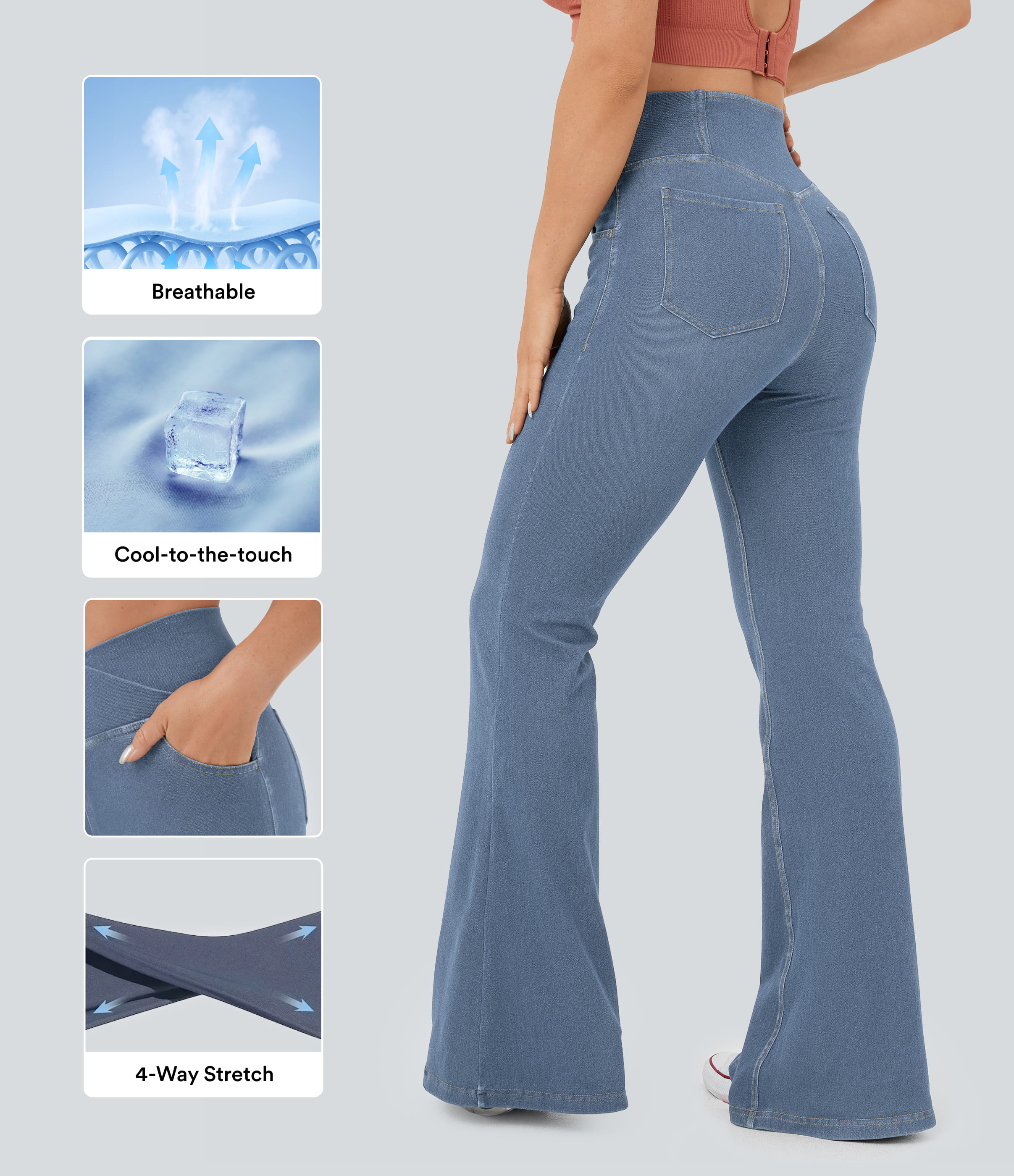 Halara Flex™ 하이 웨이스트 크로스오버 포켓 쿨 터치 워싱 스트레치 니트 캐주얼 슈퍼 플레어 청바지