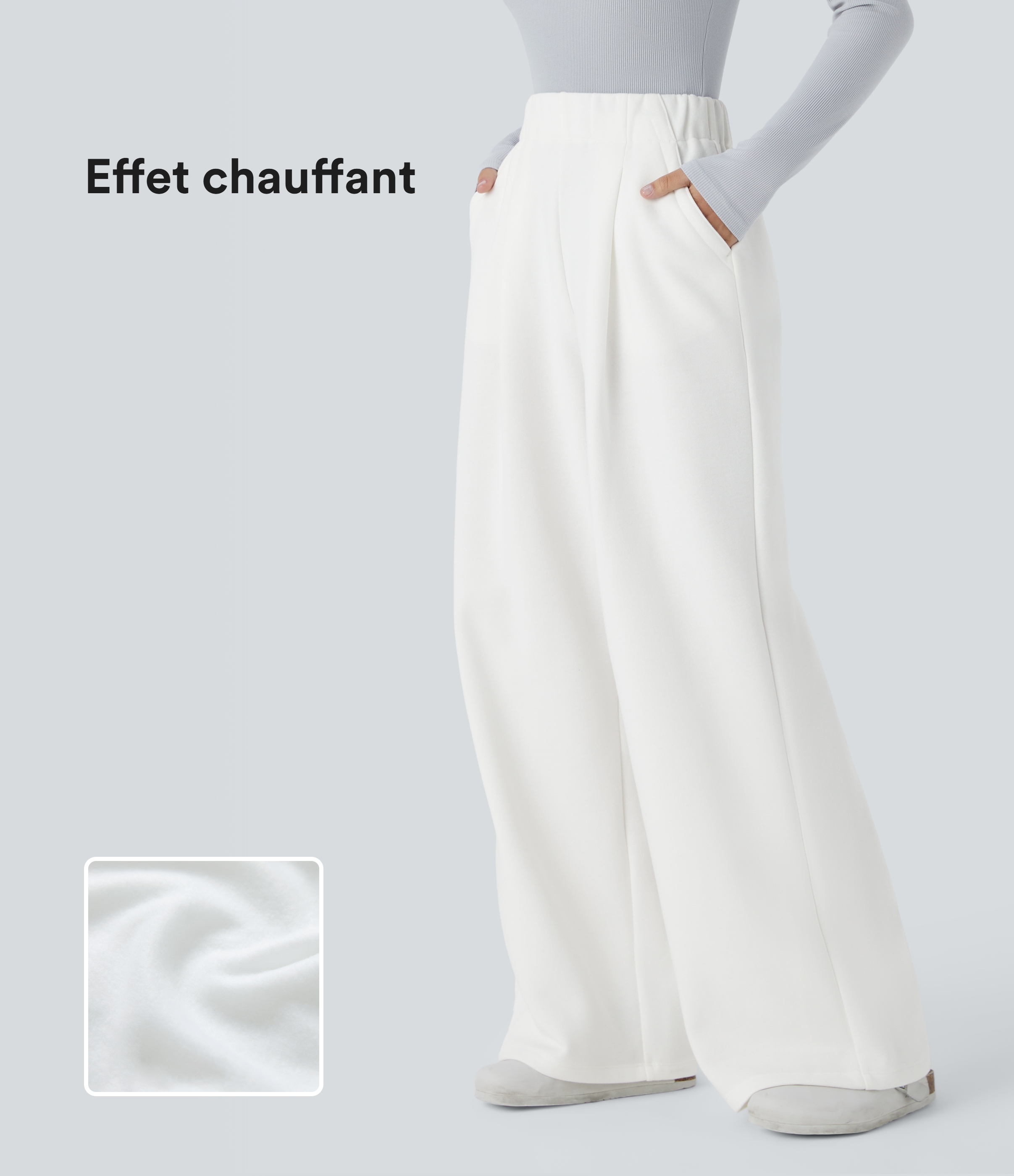 High-waisted, wide-leg thermal jogging pants with pleated side pocket in fleece