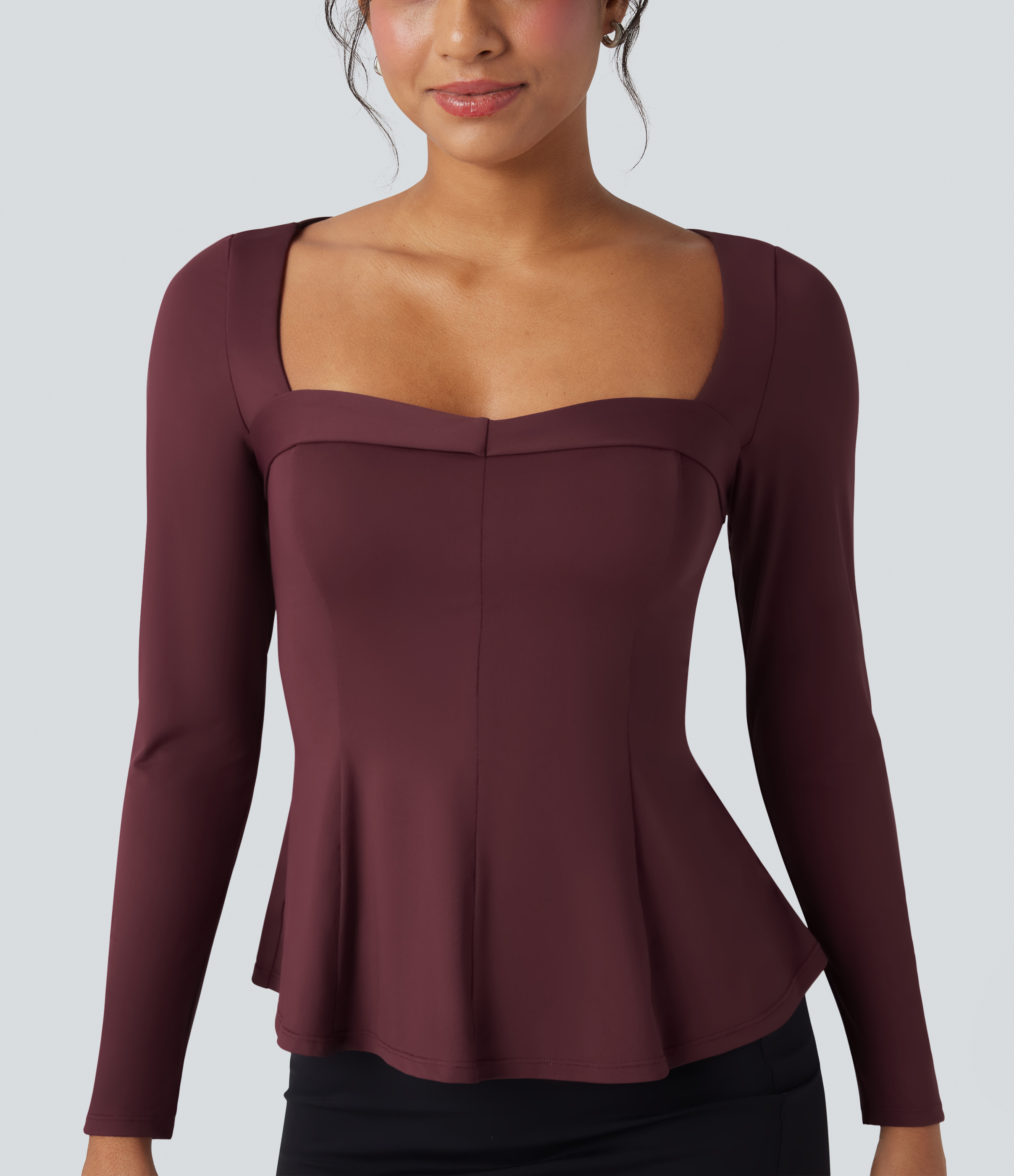 Windsor Wine Square Neck Long Sleeve Ruffle Hem Work T-Shirt / 1