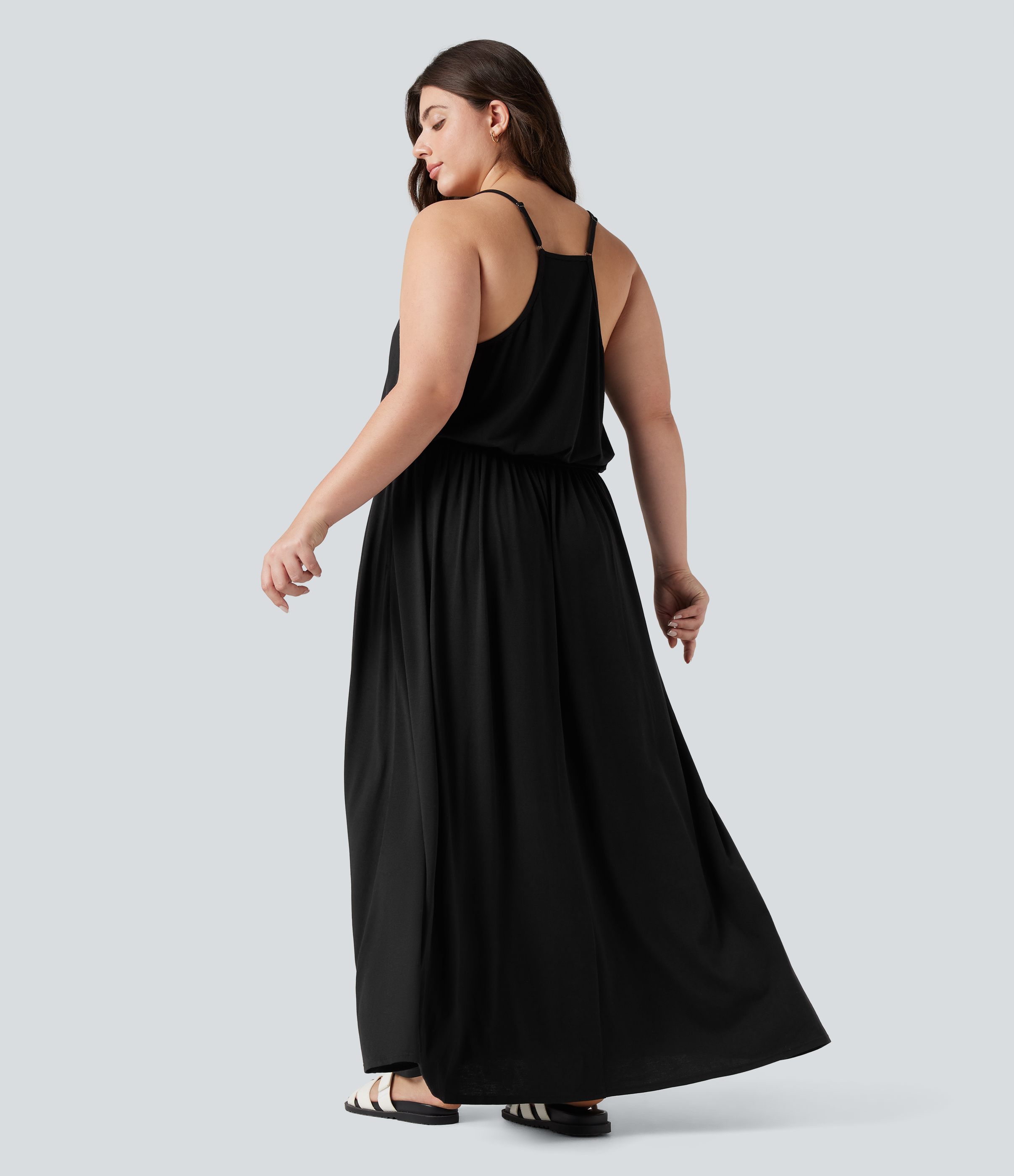 Black Plus Size Maxi Flowy Slip Dress with Pockets / 2