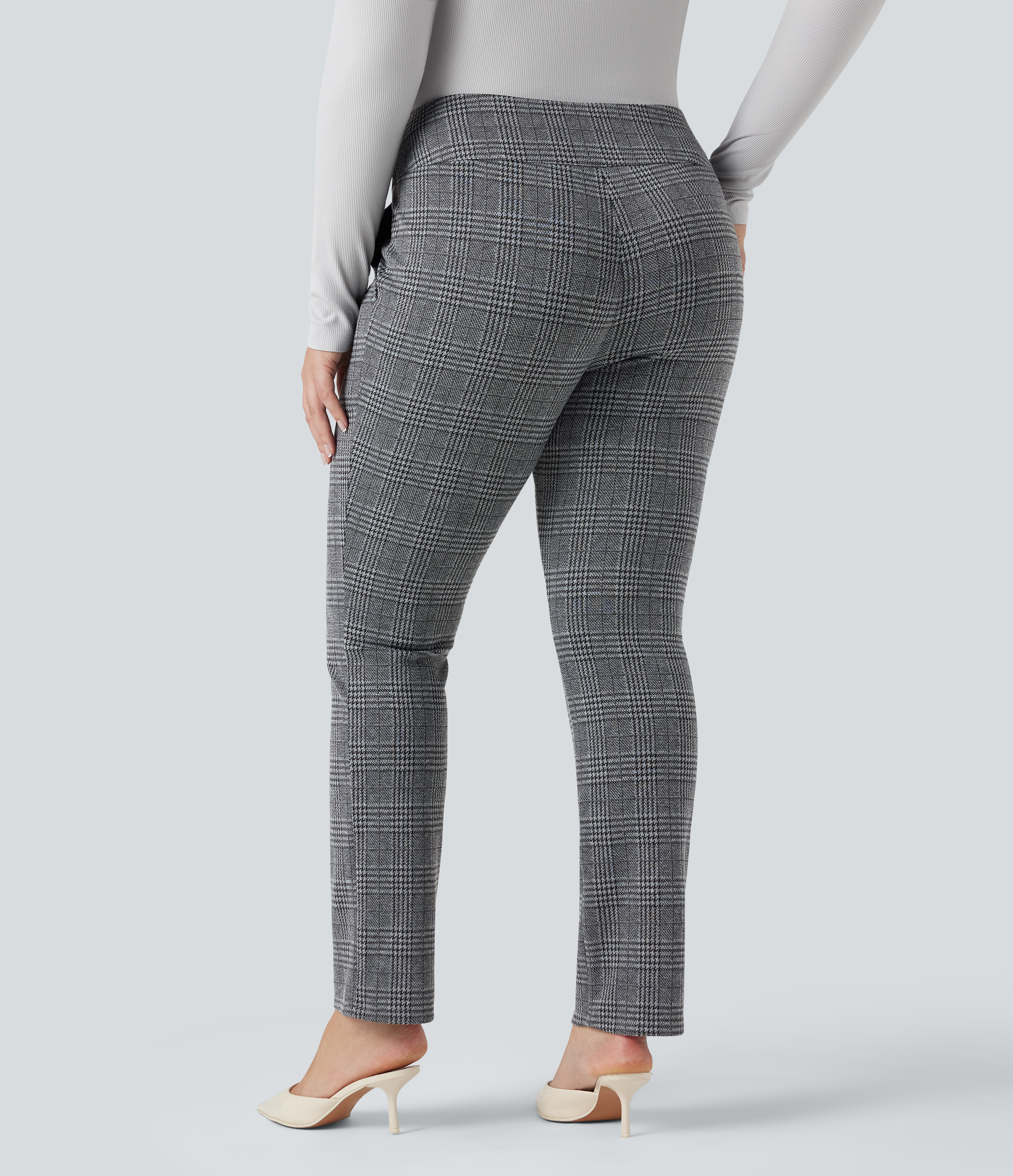 Dark Gray Plaid Halara Flex™ High Waisted Houndstooth Plaid Skinny Work Plus Size Trousers with Pockets / 2