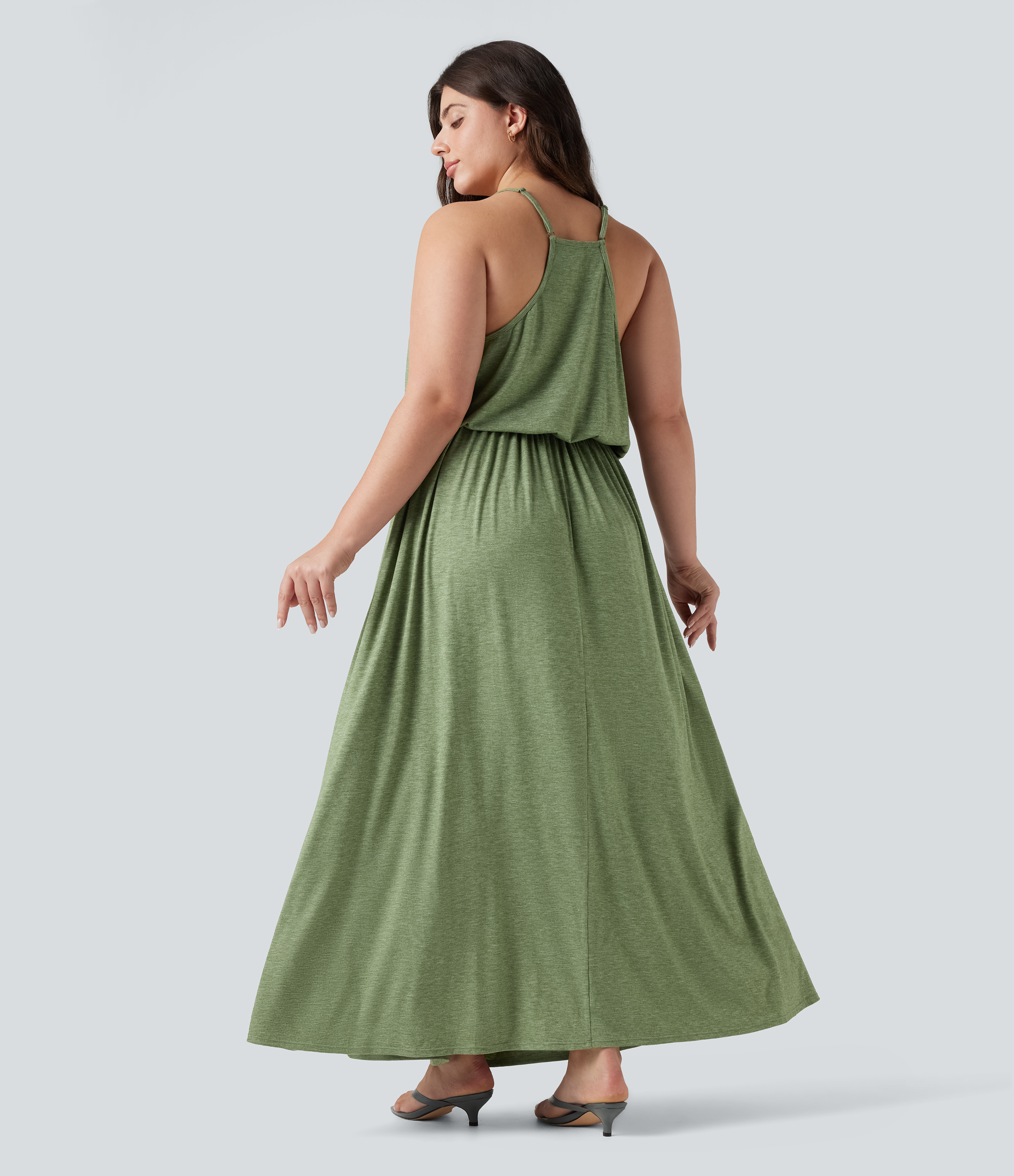 Light Green Floral Yarn Vestido lencero largo fluido de talla grande con bolsillos / 2