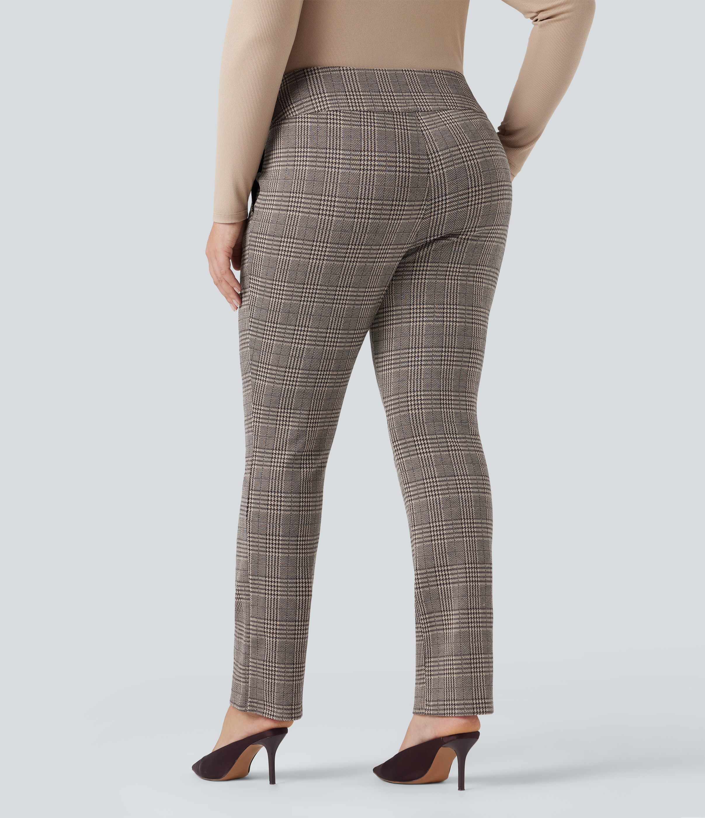 Brown Houndstooth Plaid Pantalones de oficina ajustados  Halara Flex™ de tiro alto con diseño de pata de gallo y bolsillos en tallas grandes / 2
