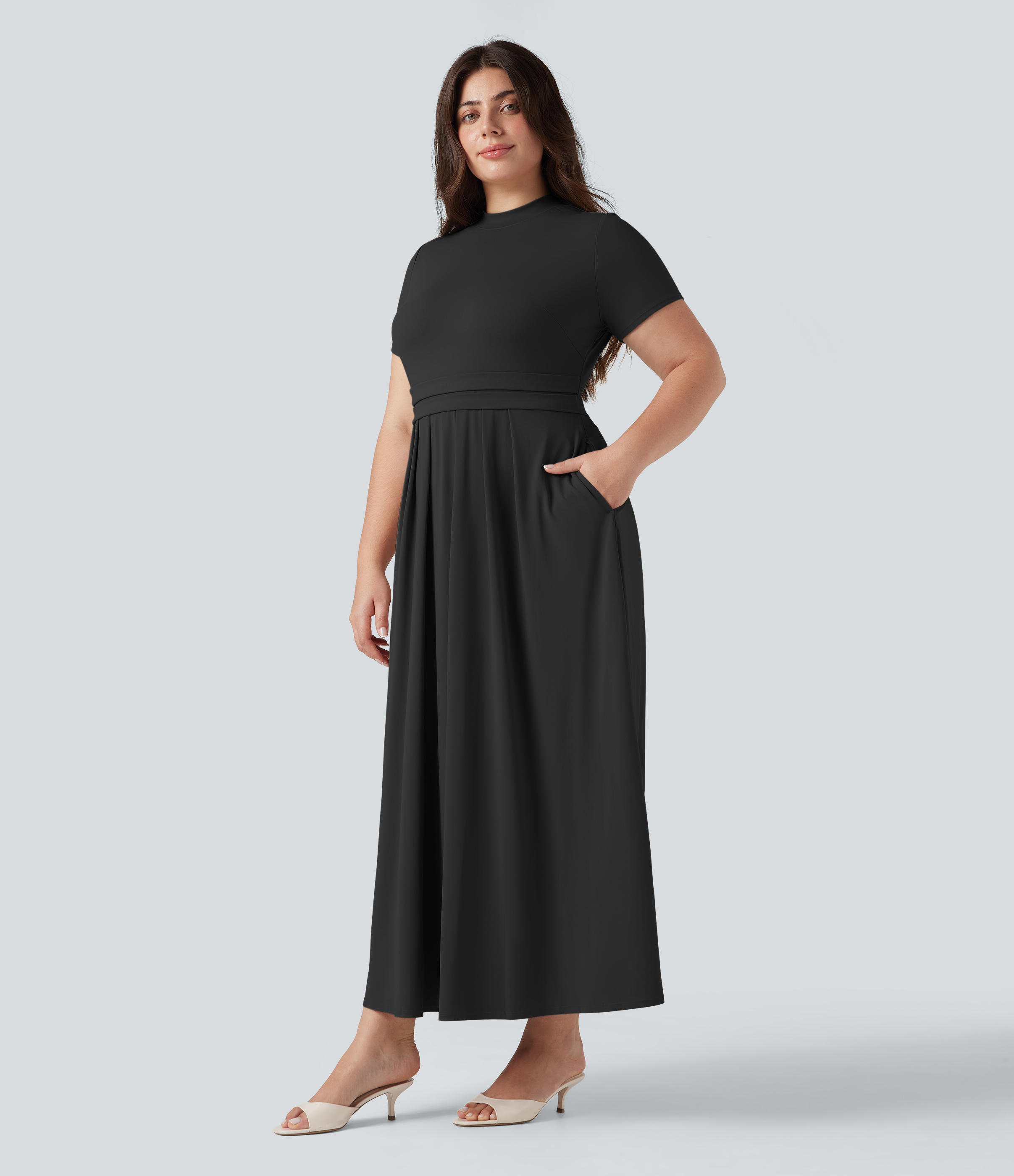 Plus Size Stand Collar Short Sleeve Flare Maxi Casual Dress with Pockets