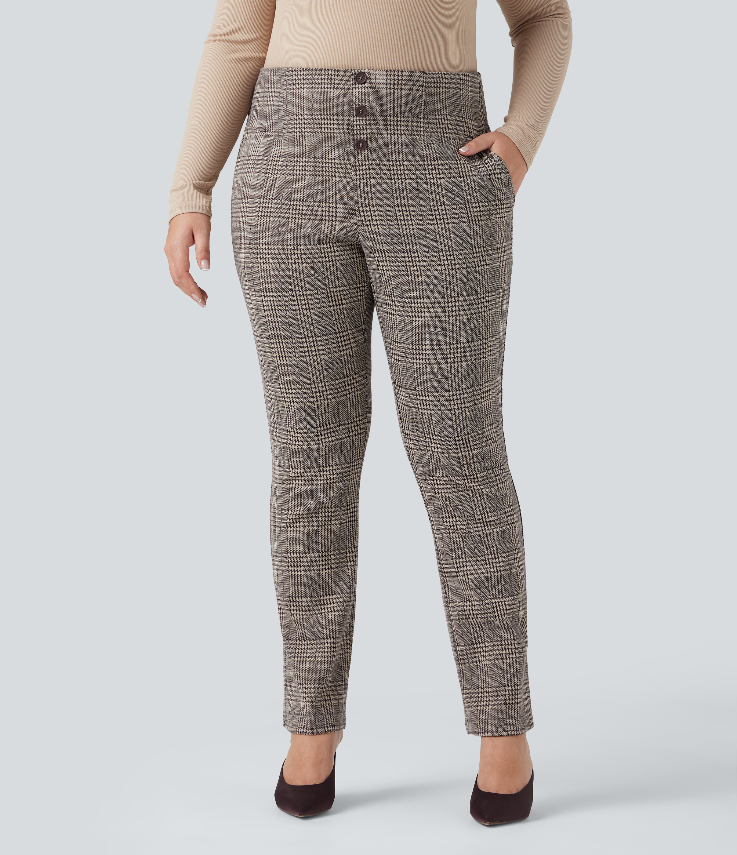 Brown Houndstooth Plaid Pantalones de oficina ajustados  Halara Flex™ de tiro alto con diseño de pata de gallo y bolsillos en tallas grandes / 1