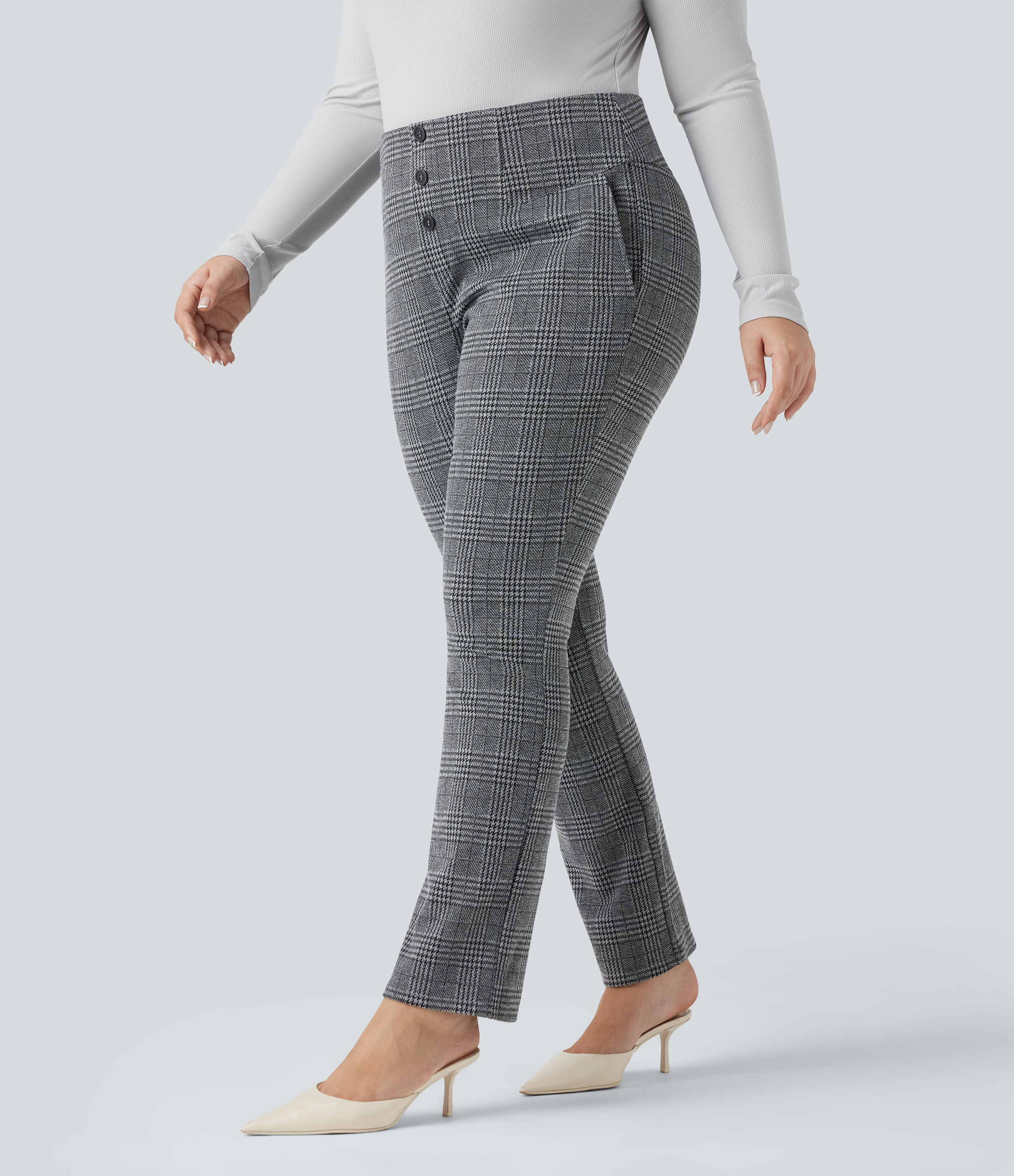 Dark Gray Plaid Halara Flex™ High Waisted Houndstooth Plaid Skinny Work Plus Size Trousers with Pockets / 1